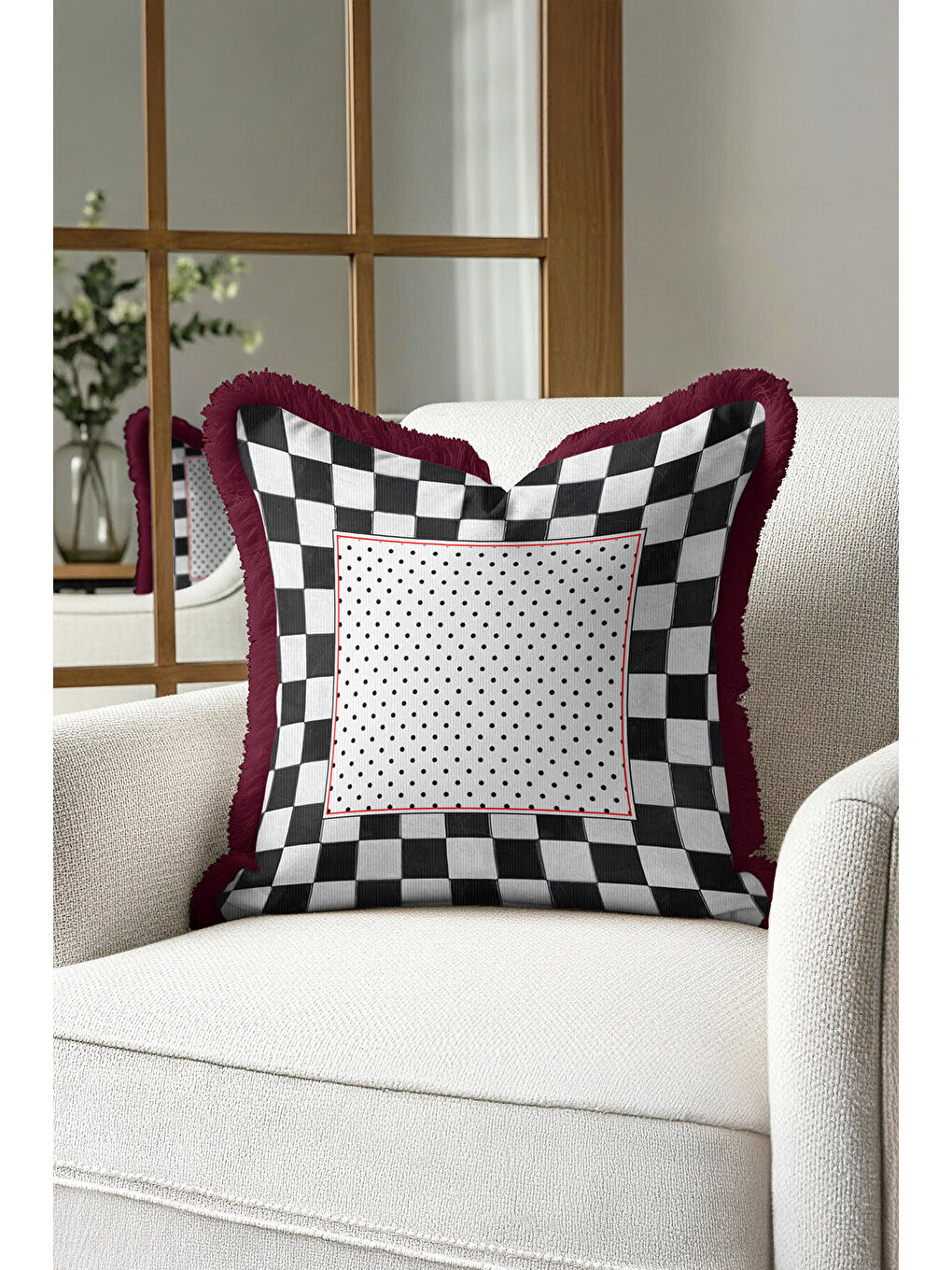 Karışık Luxury Kareli Saçaklı Yastık Kılıfı - Retro Doku Siyah Beyaz Bordo Püsküllü Kırlent Kılıfı