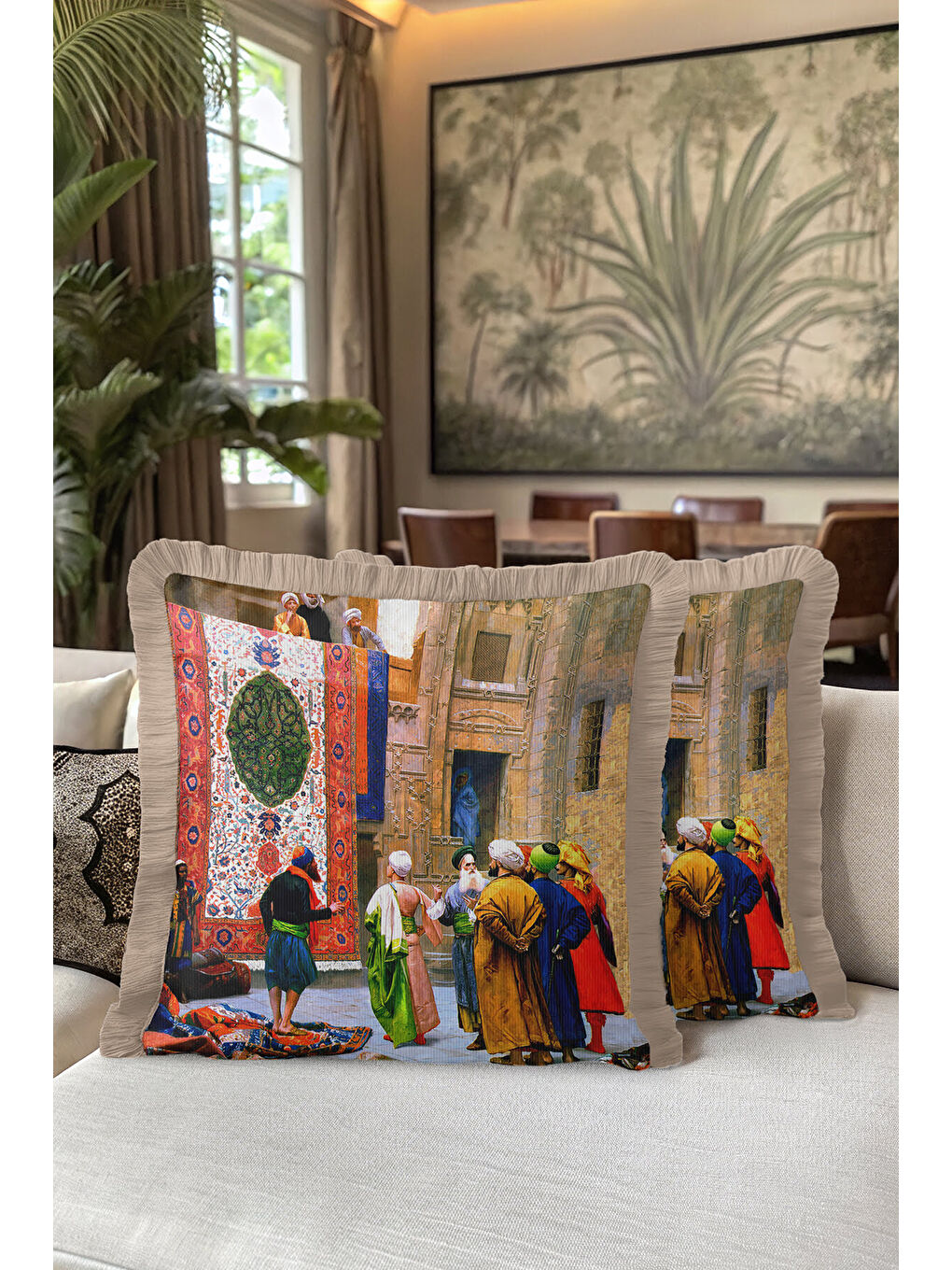 Karışık Oryantal Saray Dokulu Saçaklı Yastık Kılıfı - Tarihi İstanbul Bohem Bej Püsküllü Kırlent Kılıfı-5