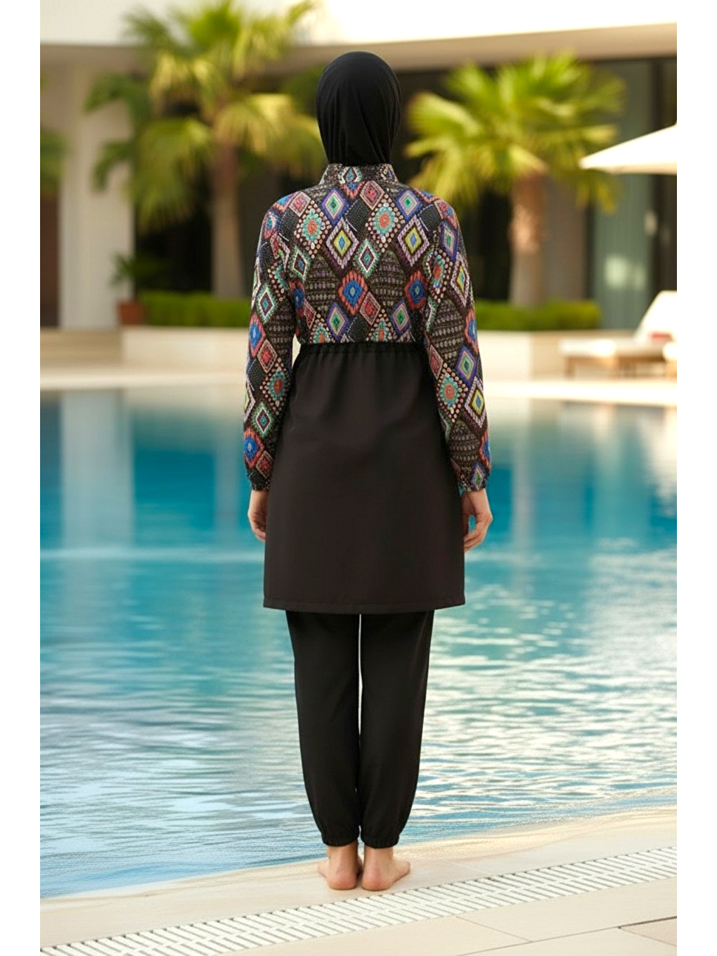 Siyah Hızlı Kuruyan Paraşüt Kumaş Büyük Beden Tam Kapalı Tesettür Mayo 22155-4