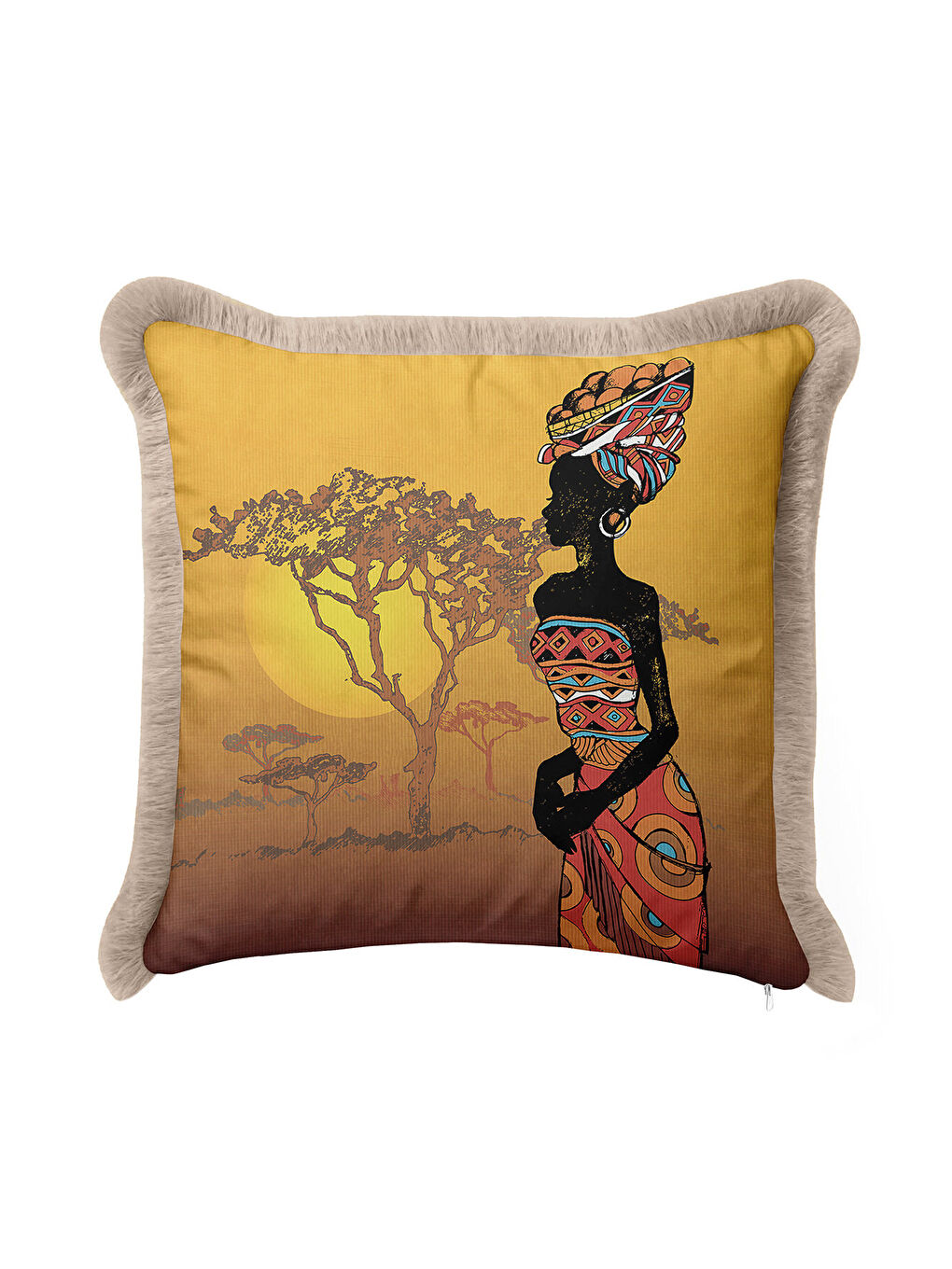 Karışık Afrika Esintili Saçaklı Yastık Kılıfı - Etnik Sanat Bohem Sıcak Sarı Püsküllü Kırlent Kılıfı-4