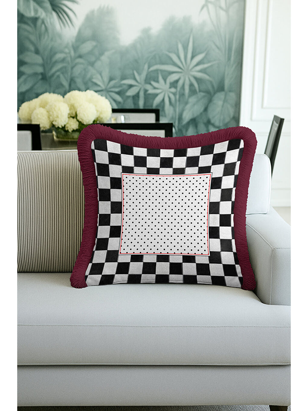 Karışık Luxury Kareli Saçaklı Yastık Kılıfı - Retro Doku Siyah Beyaz Bordo Püsküllü Kırlent Kılıfı-1