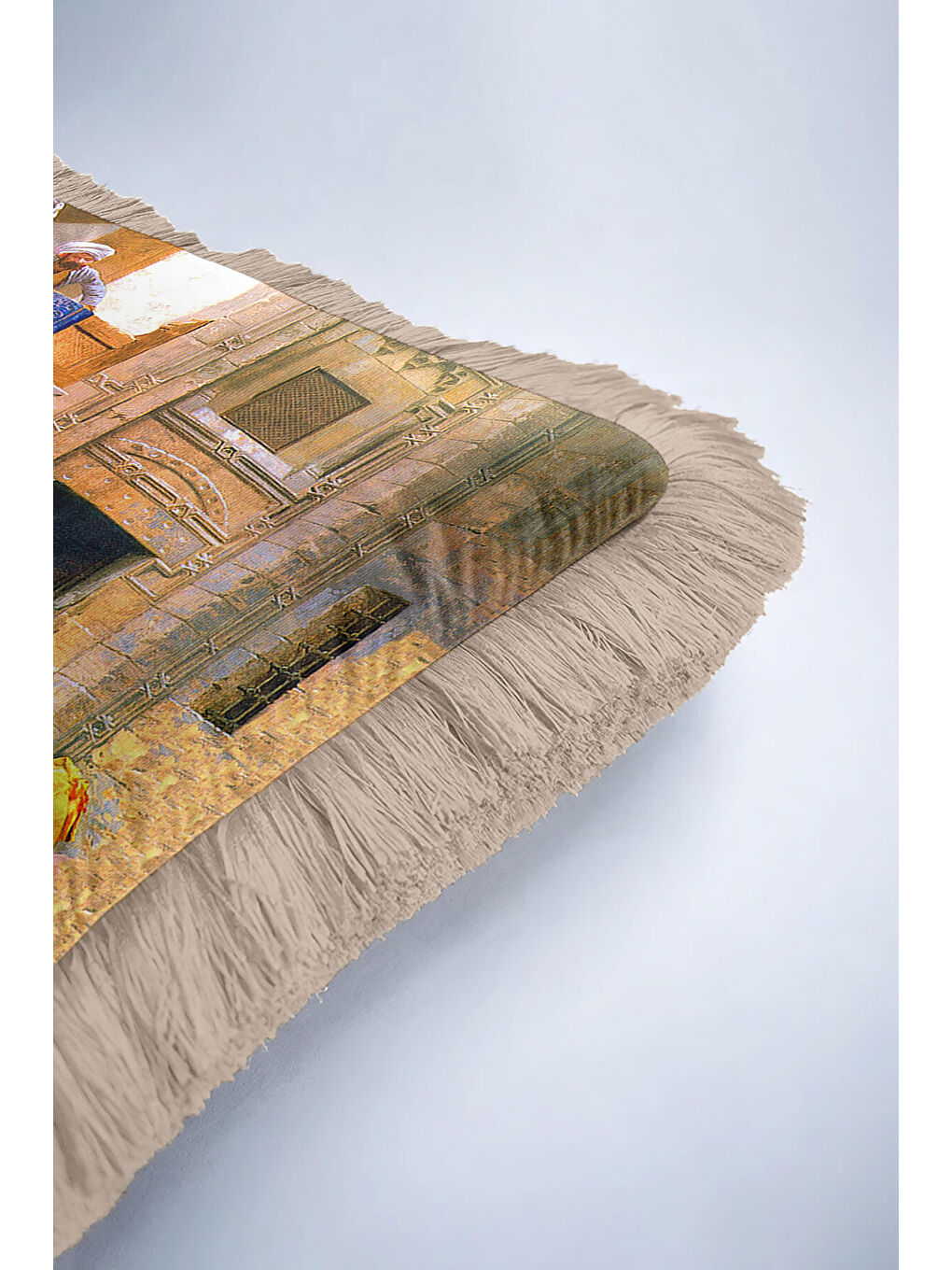 Karışık Oryantal Saray Dokulu Saçaklı Yastık Kılıfı - Tarihi İstanbul Bohem Bej Püsküllü Kırlent Kılıfı-6