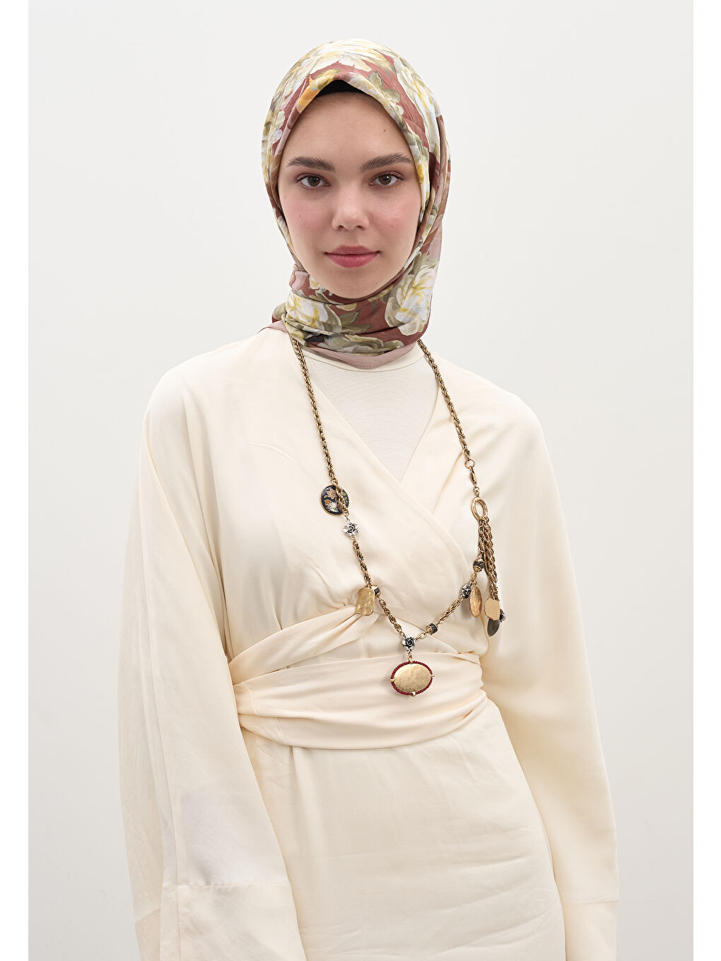 Pembe Lotus Desen Pamuklu Viskon Eşarp Gülkurusu-1