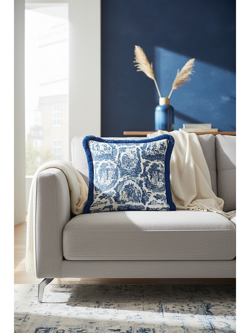 Karışık Fransız Country Sanat Saçaklı Yastık Kılıfı - Klasik Vintage Mavi Rustik Püsküllü Kırlent Kılıfı-4