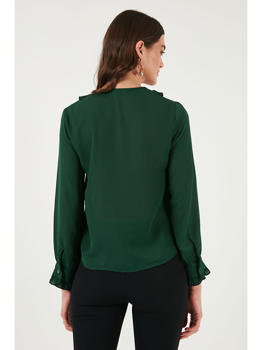 Yeşil Standart Fit V Yaka Fırfırlı Uzun Kollu Kadın Gömlek 611Go00341-6