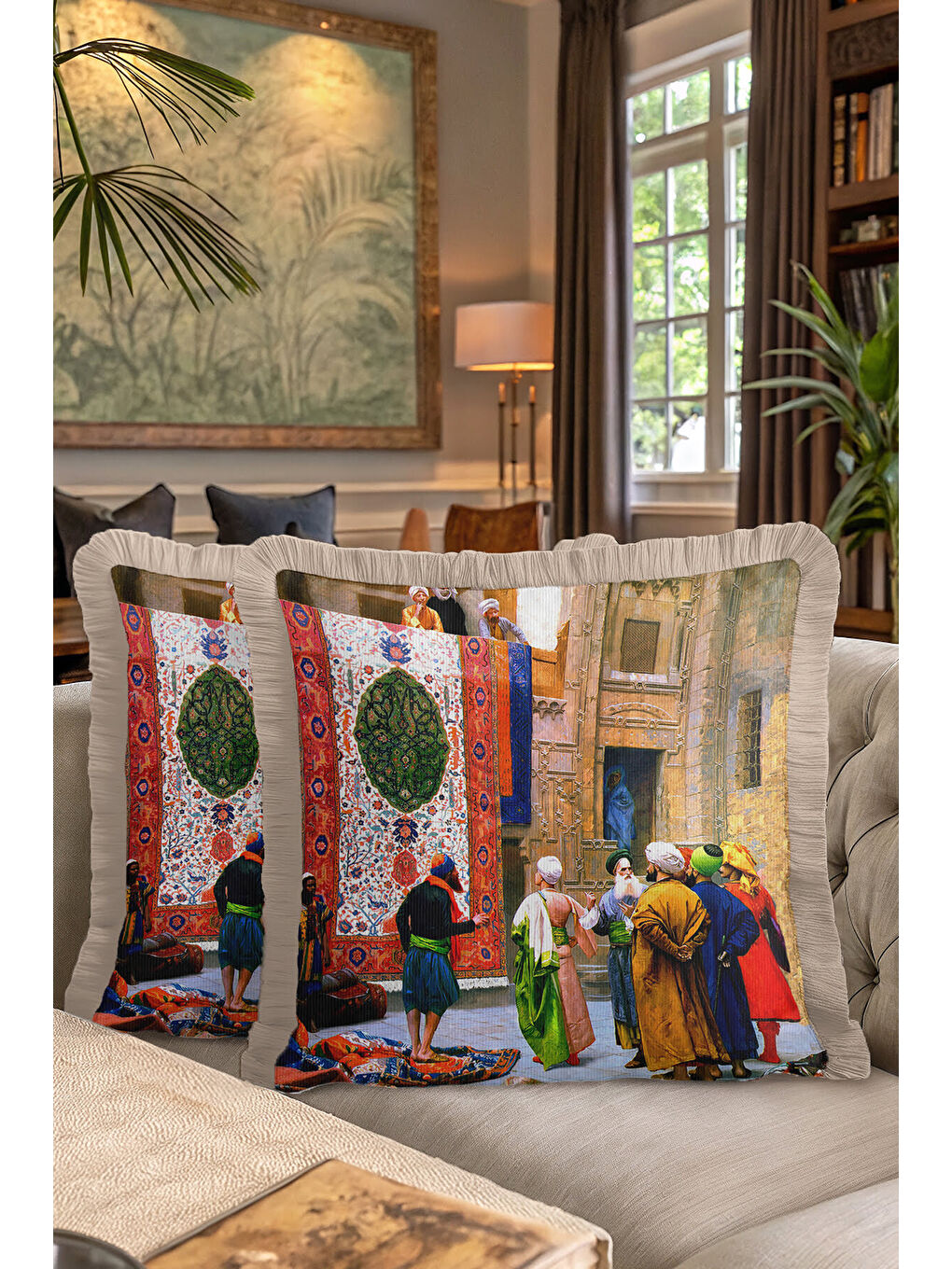 Karışık Oryantal Saray Dokulu Saçaklı Yastık Kılıfı - Tarihi İstanbul Bohem Bej Püsküllü Kırlent Kılıfı-7