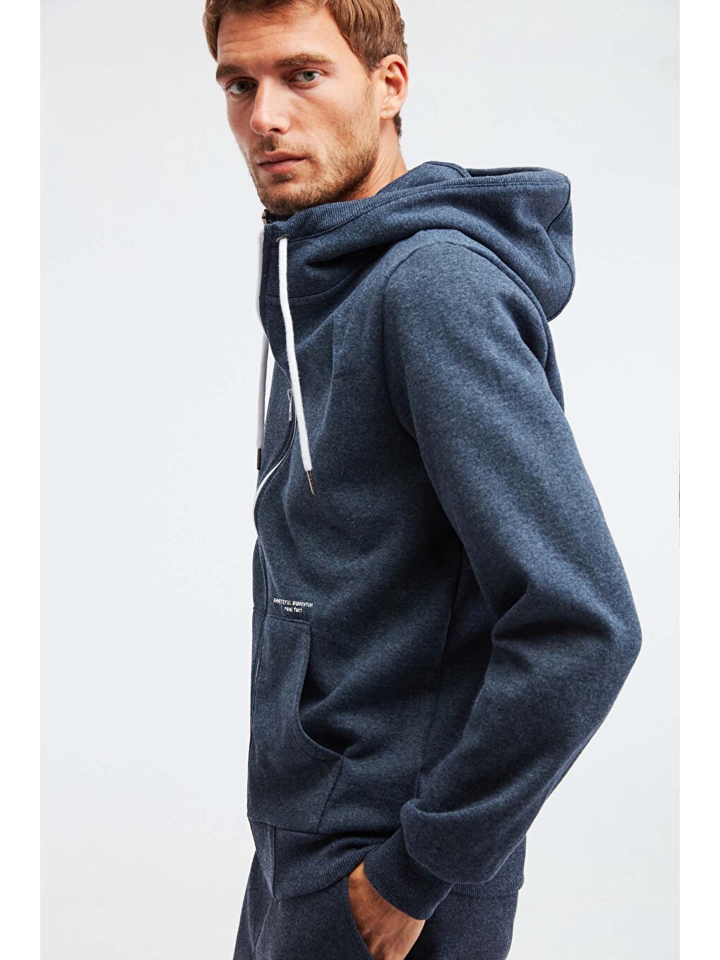 Momentum Erkek Fermuarlı Yuksek Yaka Kapüşonlu Nakışlı Kordonlu İçi Polarlı Lacivert Sweatshirt-5