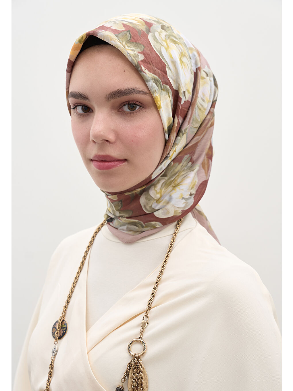 Pembe Lotus Desen Pamuklu Viskon Eşarp Gülkurusu-2