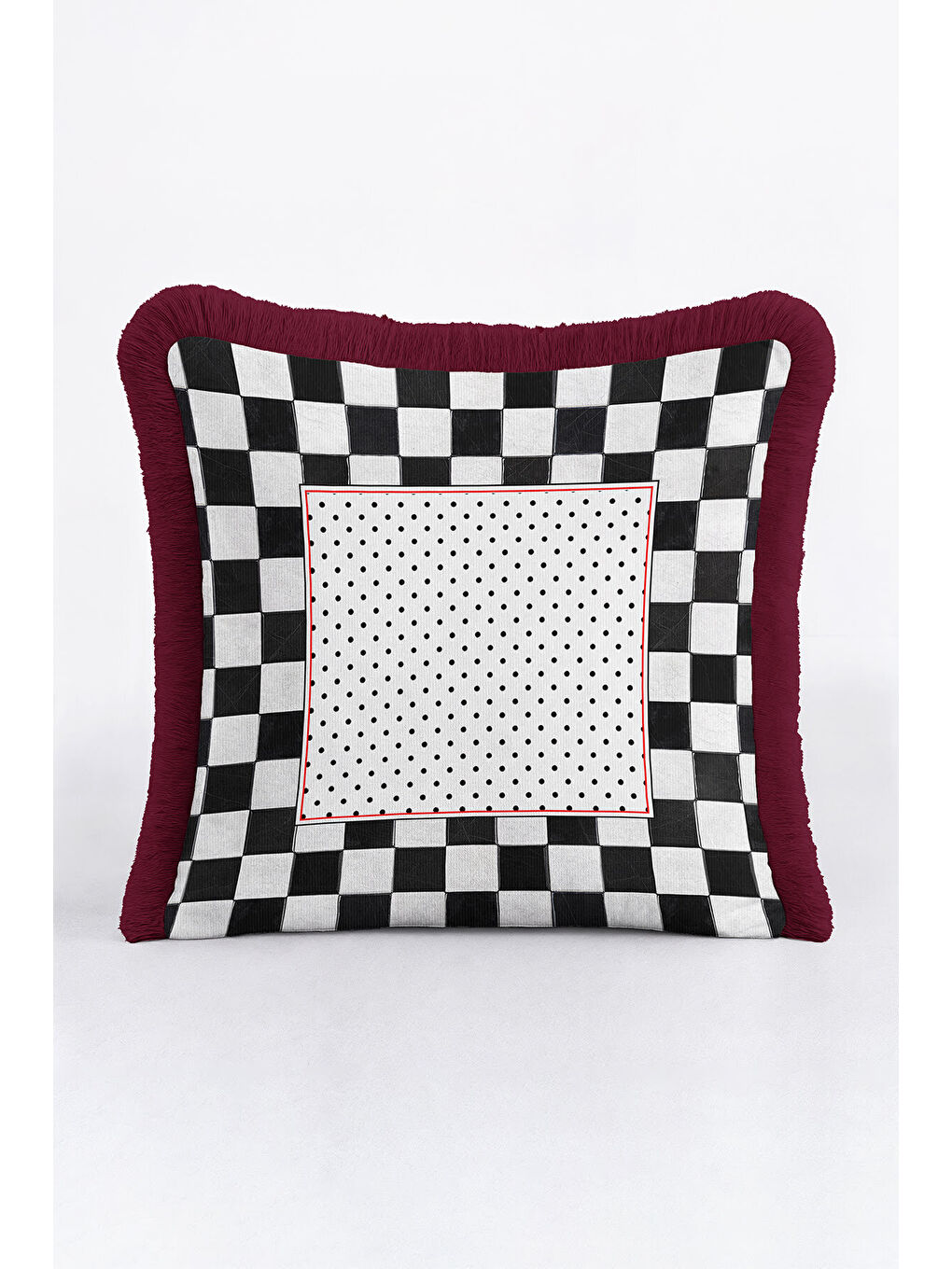 Karışık Luxury Kareli Saçaklı Yastık Kılıfı - Retro Doku Siyah Beyaz Bordo Püsküllü Kırlent Kılıfı-2