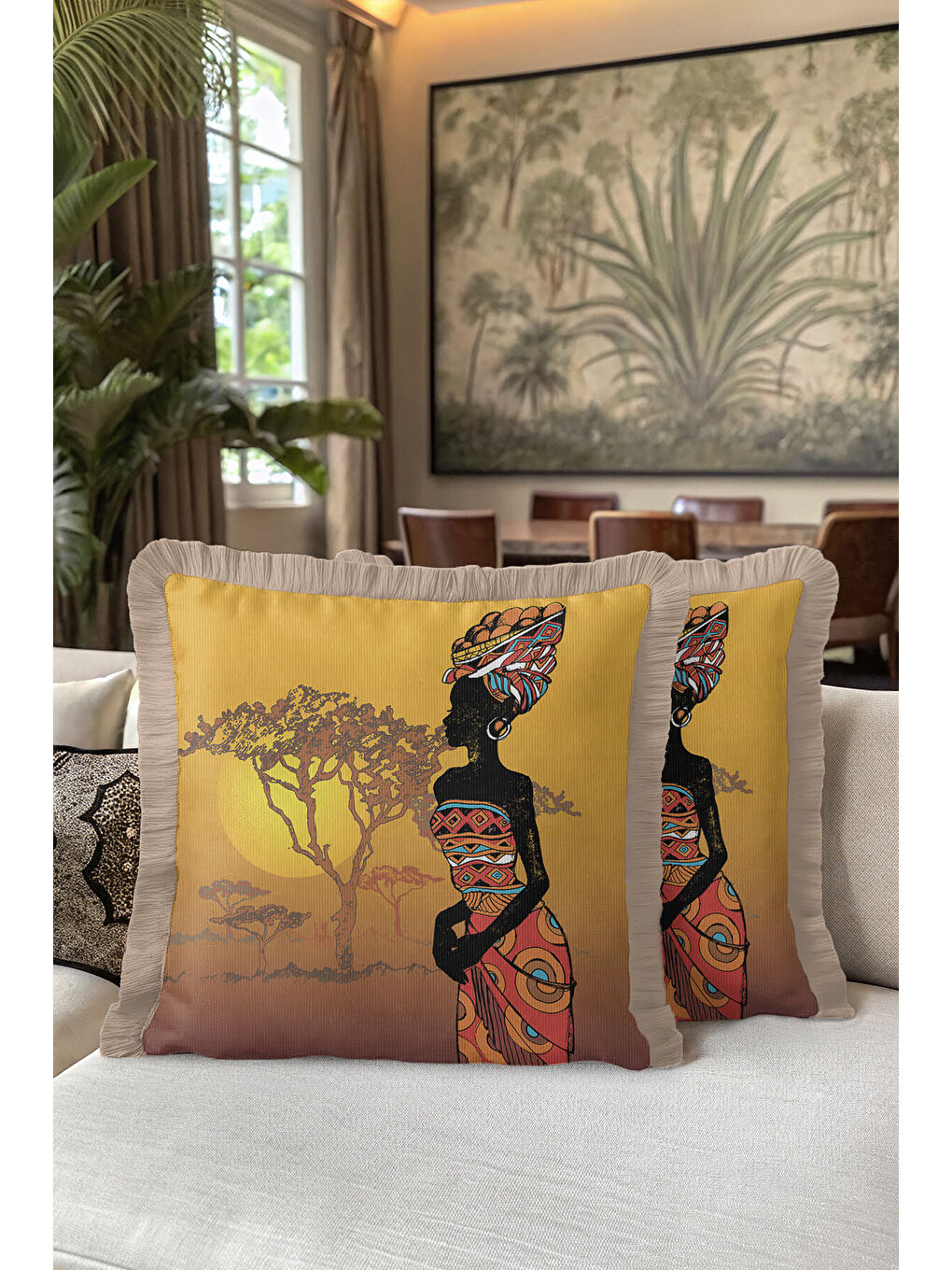 Karışık Afrika Esintili Saçaklı Yastık Kılıfı - Etnik Sanat Bohem Sıcak Sarı Püsküllü Kırlent Kılıfı-5
