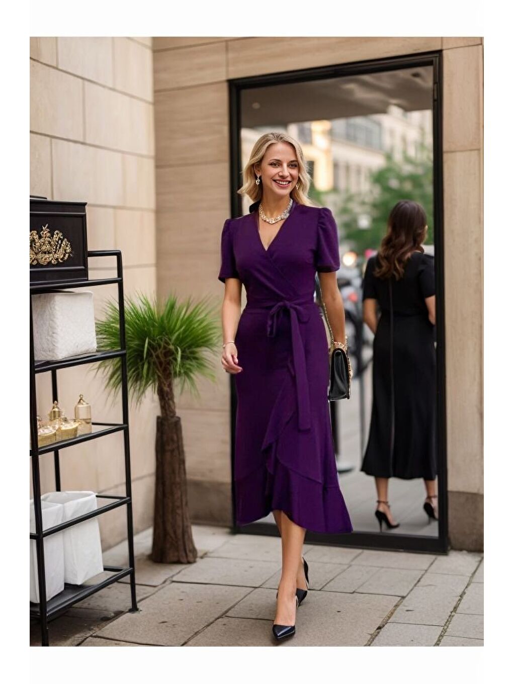 Mürdüm Kadın Kruvaze Yaka Midi Boy Kuşaklı Krep Elbise 120 Cm