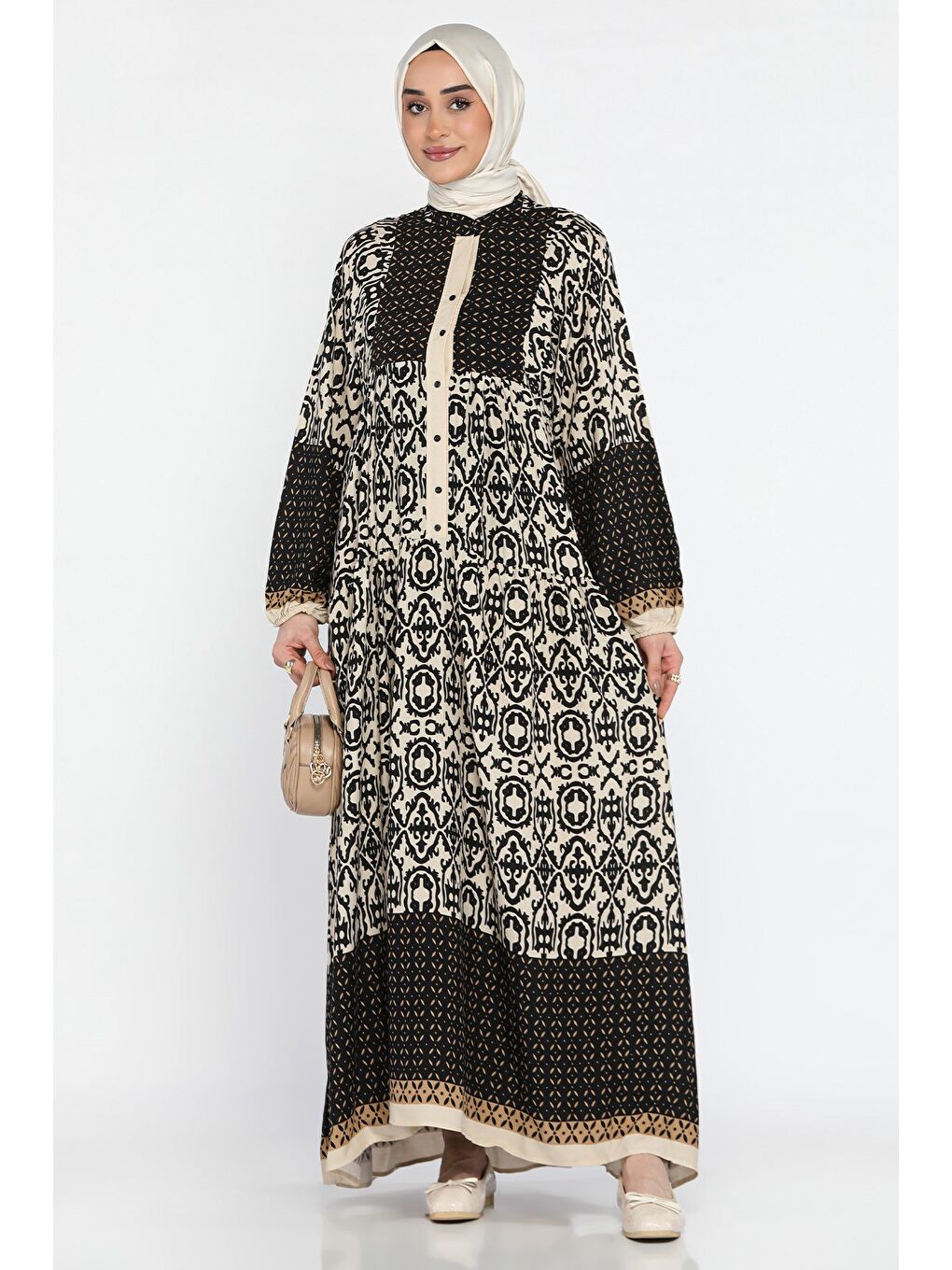 Bej Kadın Ön Yarım Düğmeli Desenli Tesettür Viskon Elbise-1