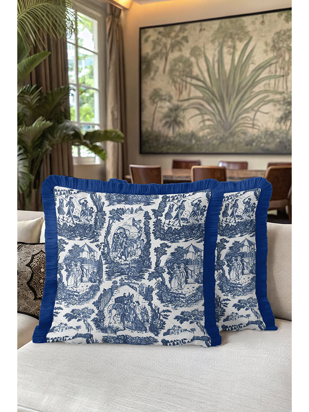 Karışık Fransız Country Sanat Saçaklı Yastık Kılıfı - Klasik Vintage Mavi Rustik Püsküllü Kırlent Kılıfı-5