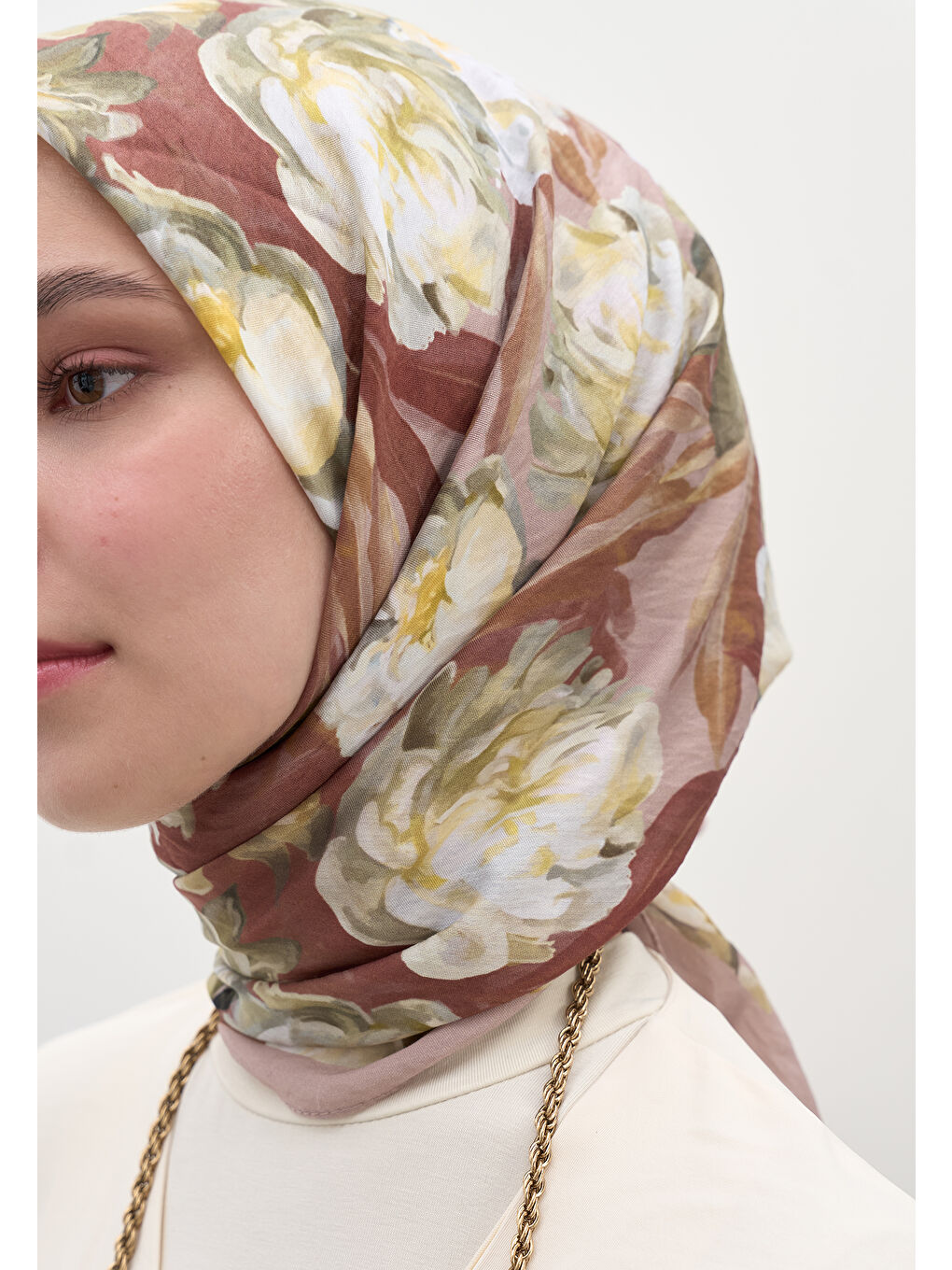 Pembe Lotus Desen Pamuklu Viskon Eşarp Gülkurusu-3