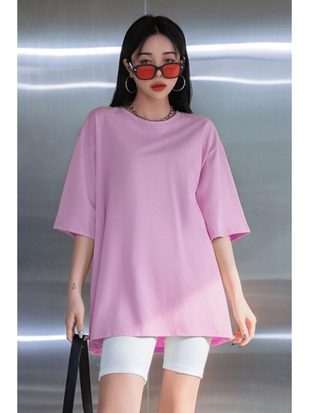 Trendseninle Pudra Pembe Kadın Pembe Oversize New Tişört