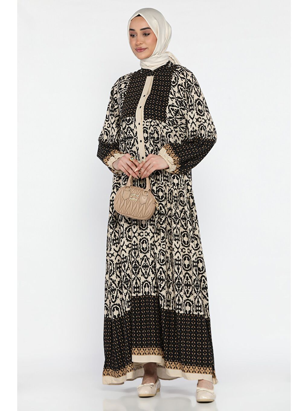 Bej Kadın Ön Yarım Düğmeli Desenli Tesettür Viskon Elbise-3
