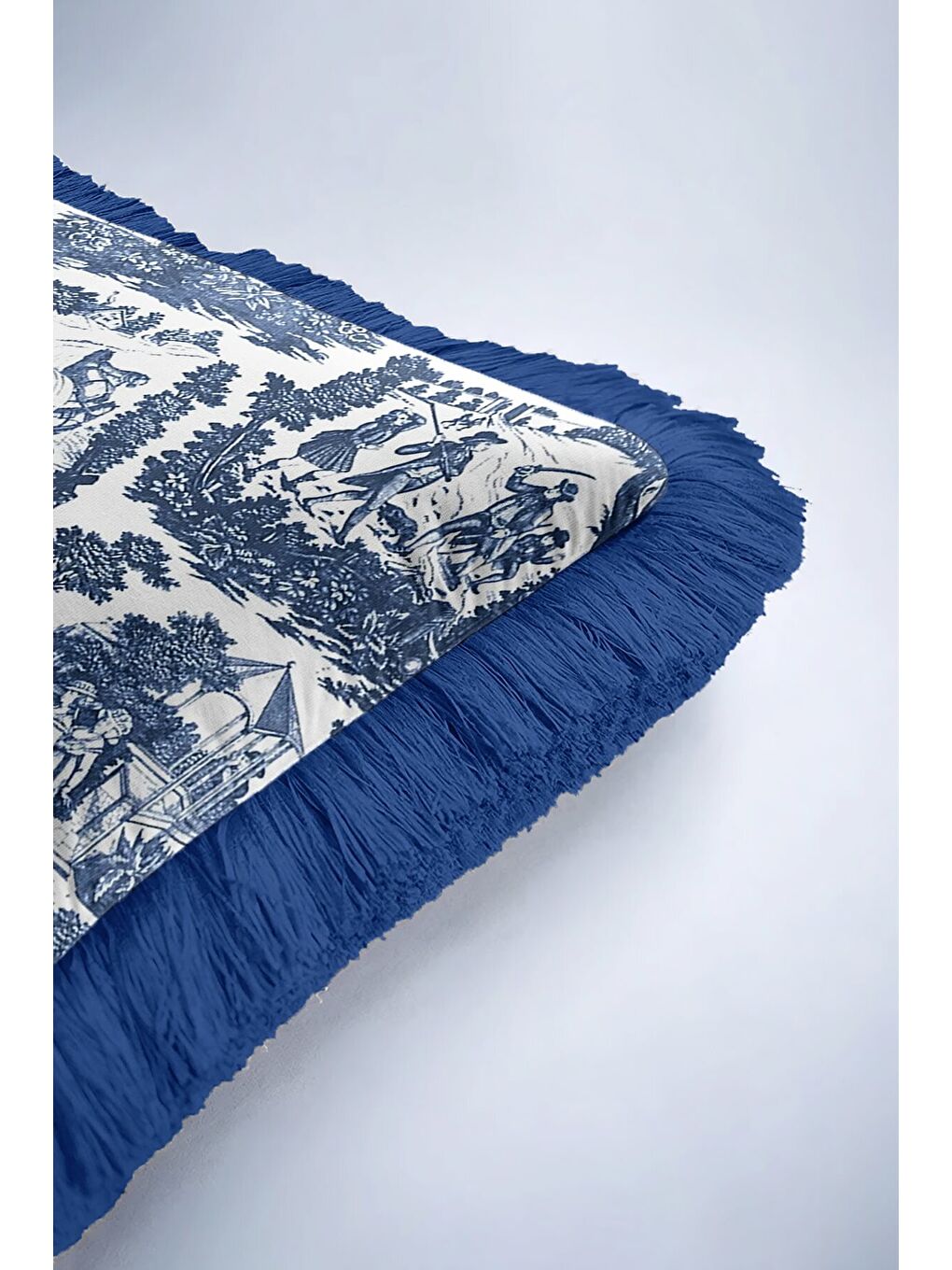 Karışık Fransız Country Sanat Saçaklı Yastık Kılıfı - Klasik Vintage Mavi Rustik Püsküllü Kırlent Kılıfı-6