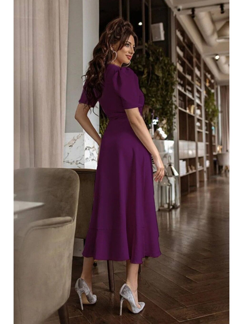 Mürdüm Kadın Kruvaze Yaka Midi Boy Kuşaklı Krep Elbise 120 Cm-1