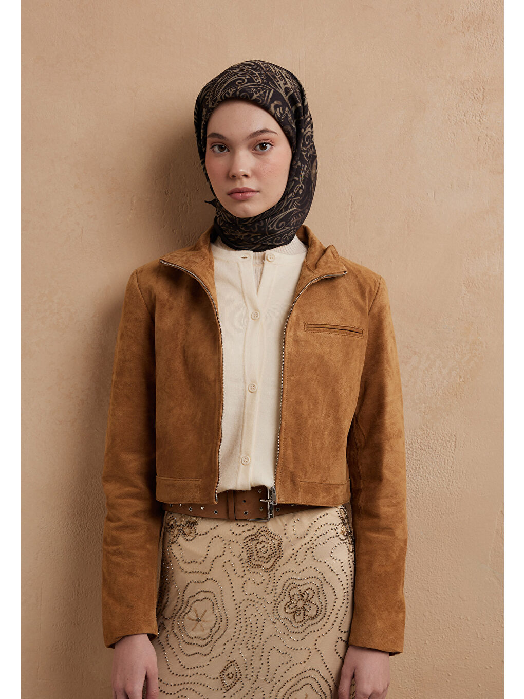 Kahverengi Fressıa Desen Pamuk İpek Eşarp Kahve-3