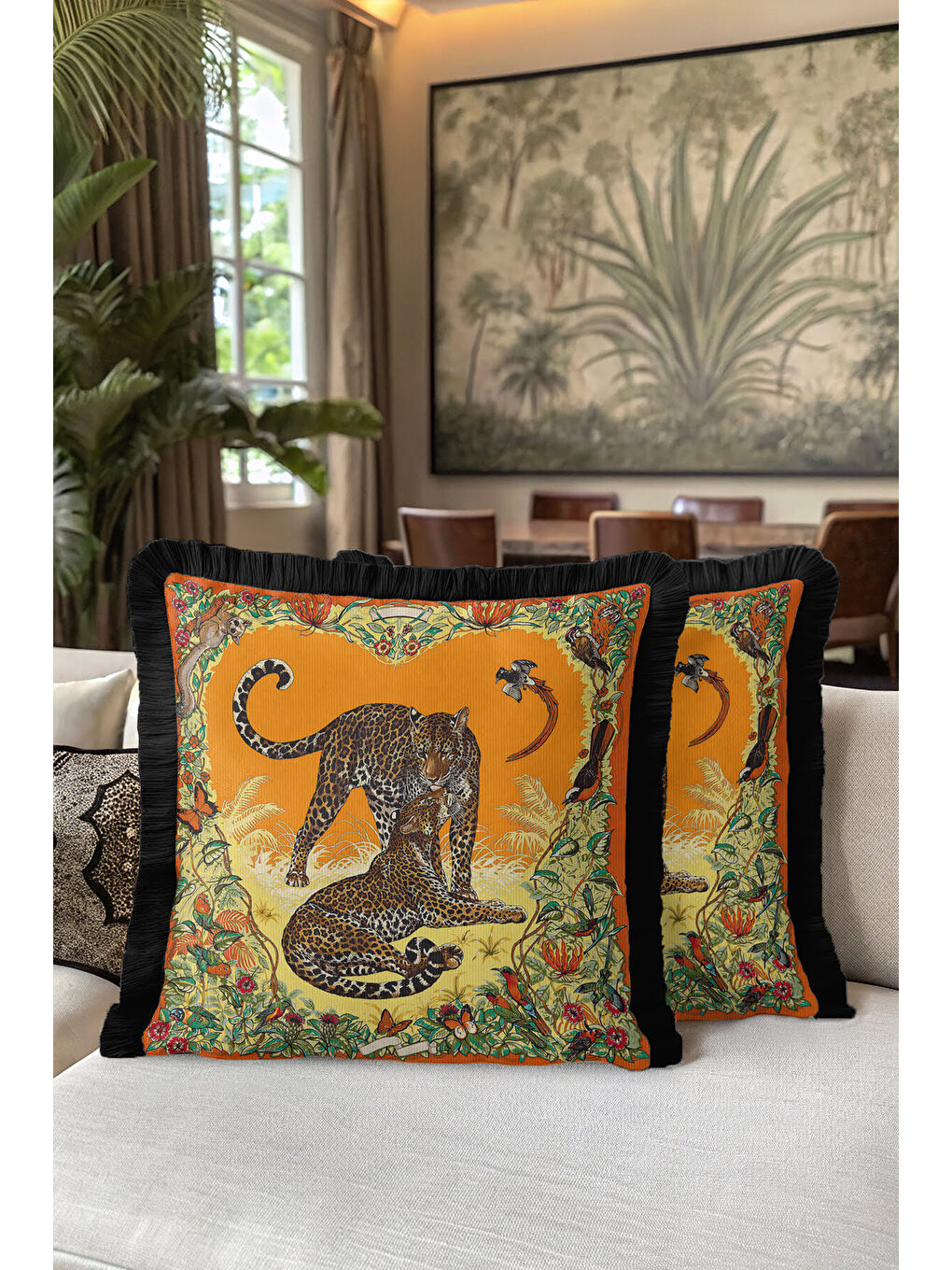 Karışık Egzotik Leopar Vahşi Doğa Saçaklı Yastık Kılıfı - Tropik Bohem Turuncu Siyah Püsküllü Kırlent Kılıfı-5
