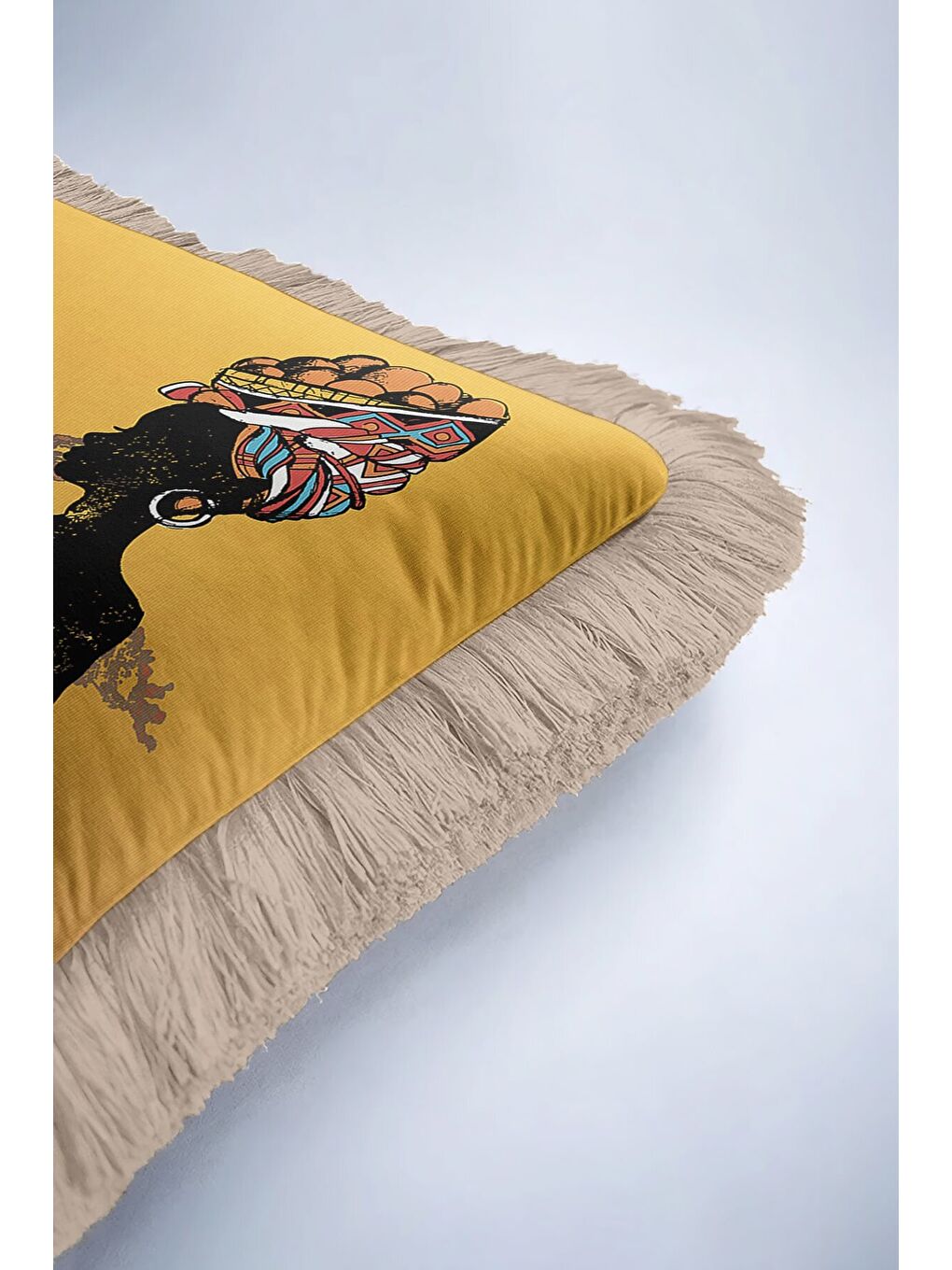 Karışık Afrika Esintili Saçaklı Yastık Kılıfı - Etnik Sanat Bohem Sıcak Sarı Püsküllü Kırlent Kılıfı-6