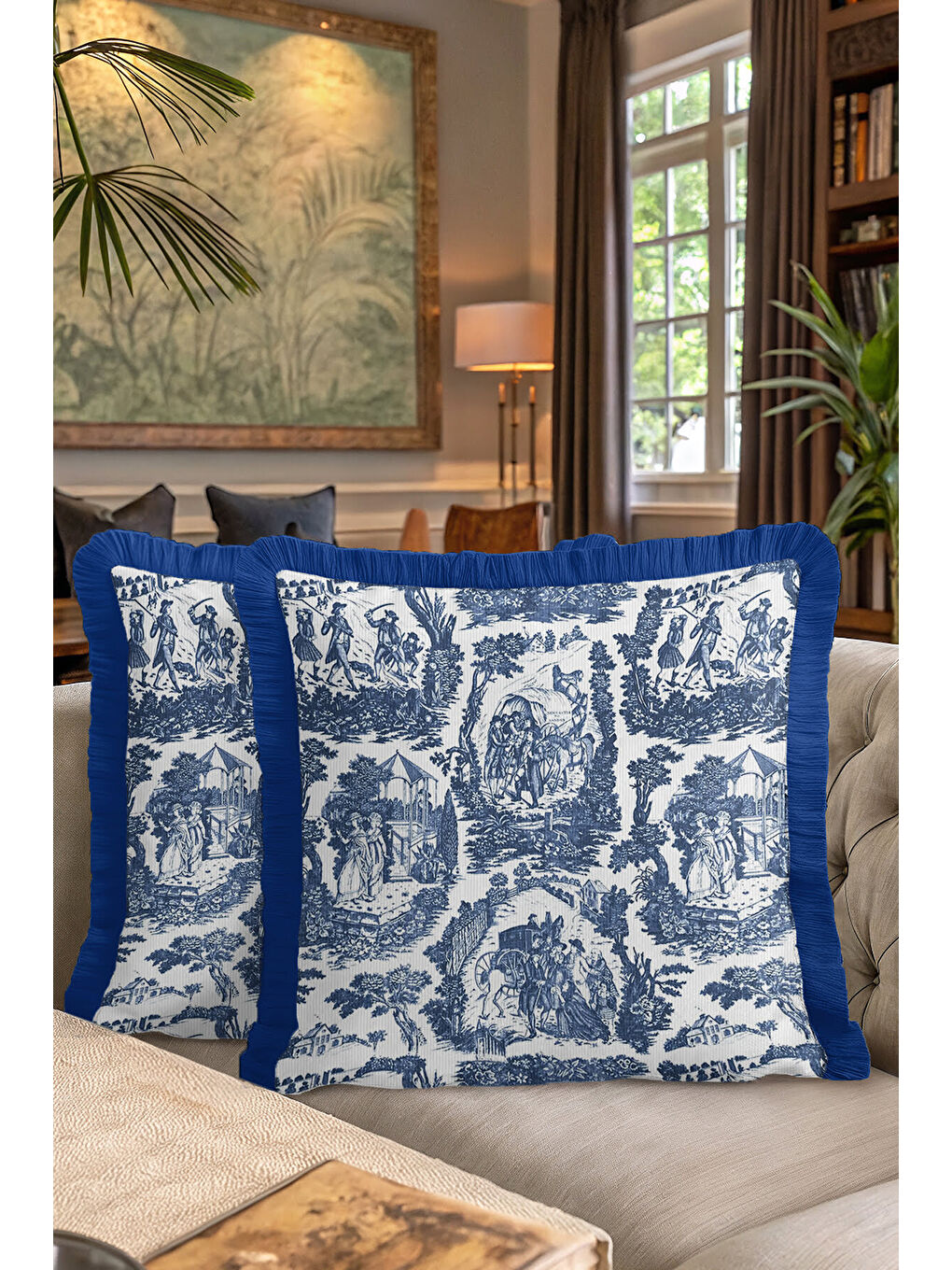Karışık Fransız Country Sanat Saçaklı Yastık Kılıfı - Klasik Vintage Mavi Rustik Püsküllü Kırlent Kılıfı-7