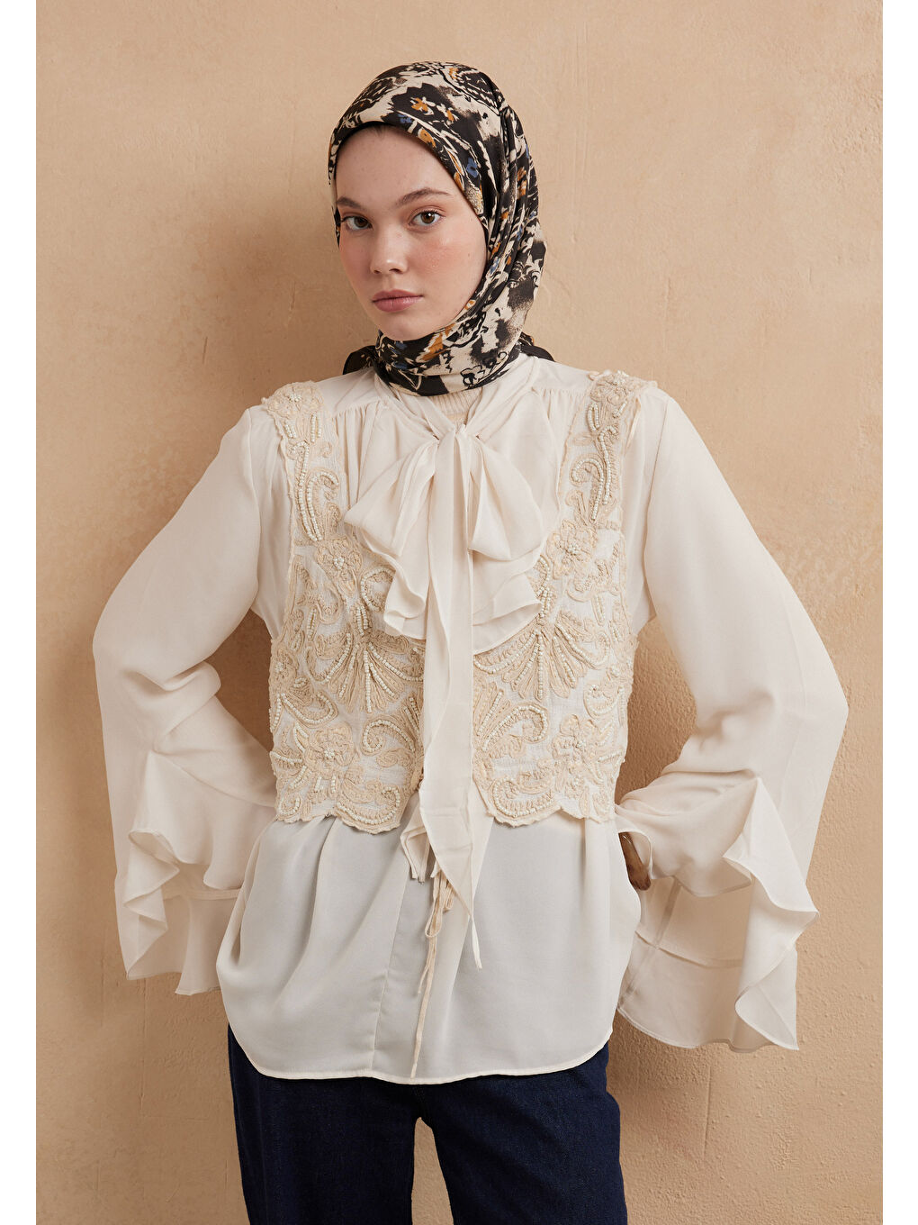 Kahverengi Floral Paısley Desen Pamuk İpek Eşarp Koyu Kahve-3