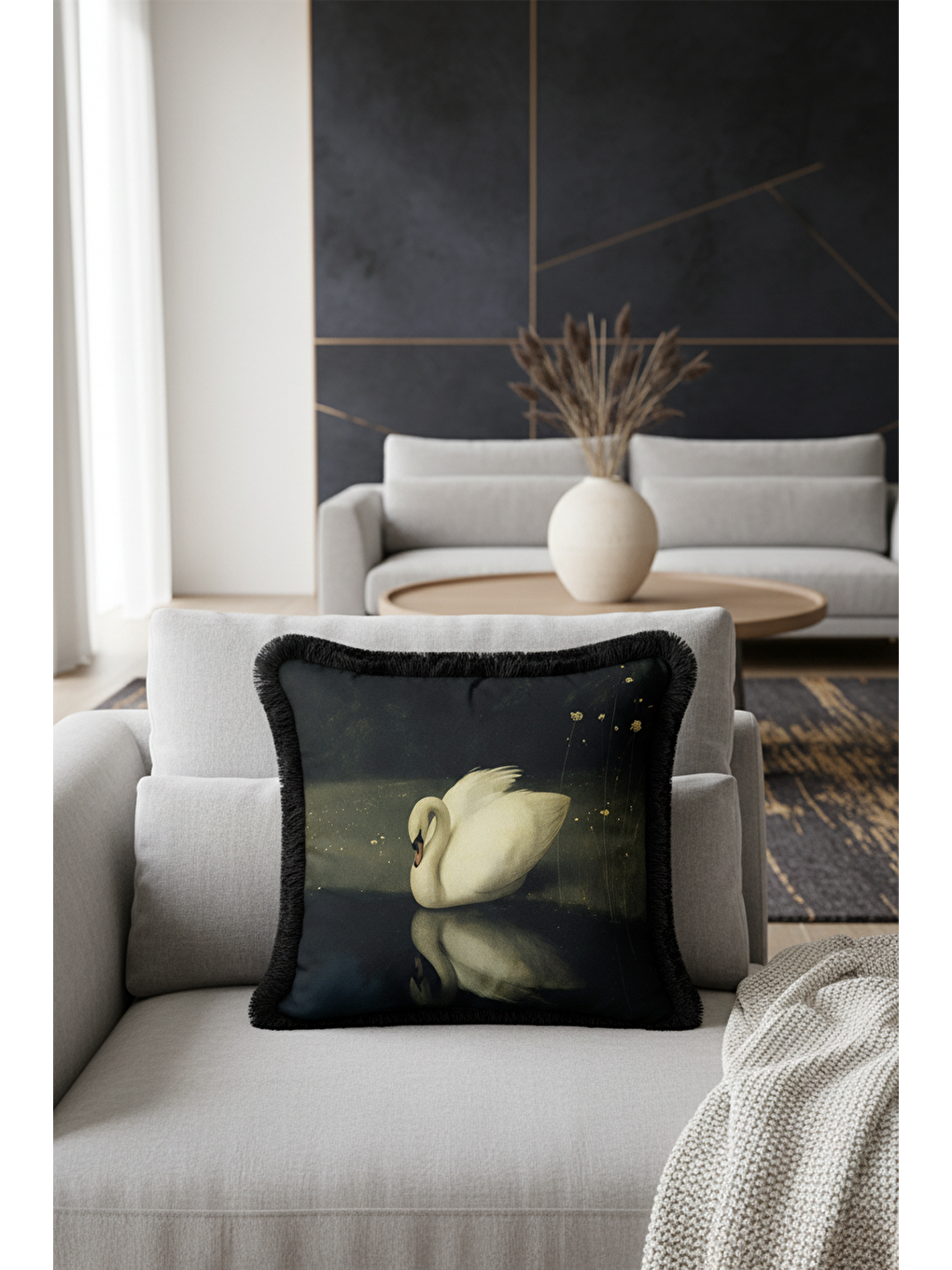 Karışık Zarif Kuğu Figürlü Saçaklı Yastık Kılıfı - Yansımalar Klasik Siyah Püsküllü Kırlent Kılıfı-4