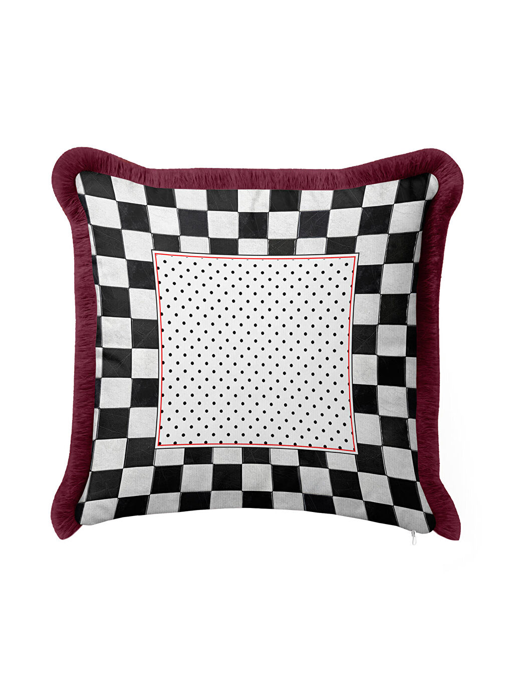 Karışık Luxury Kareli Saçaklı Yastık Kılıfı - Retro Doku Siyah Beyaz Bordo Püsküllü Kırlent Kılıfı-3