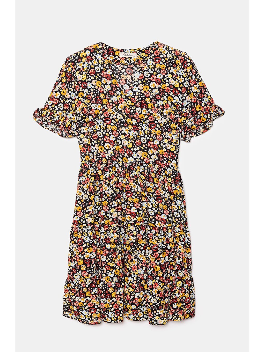 Karışık Çok Renkli Çiçek Desenli V Yaka Kısa Kol A Kesim Mini Dokuma Elbise - Viskon