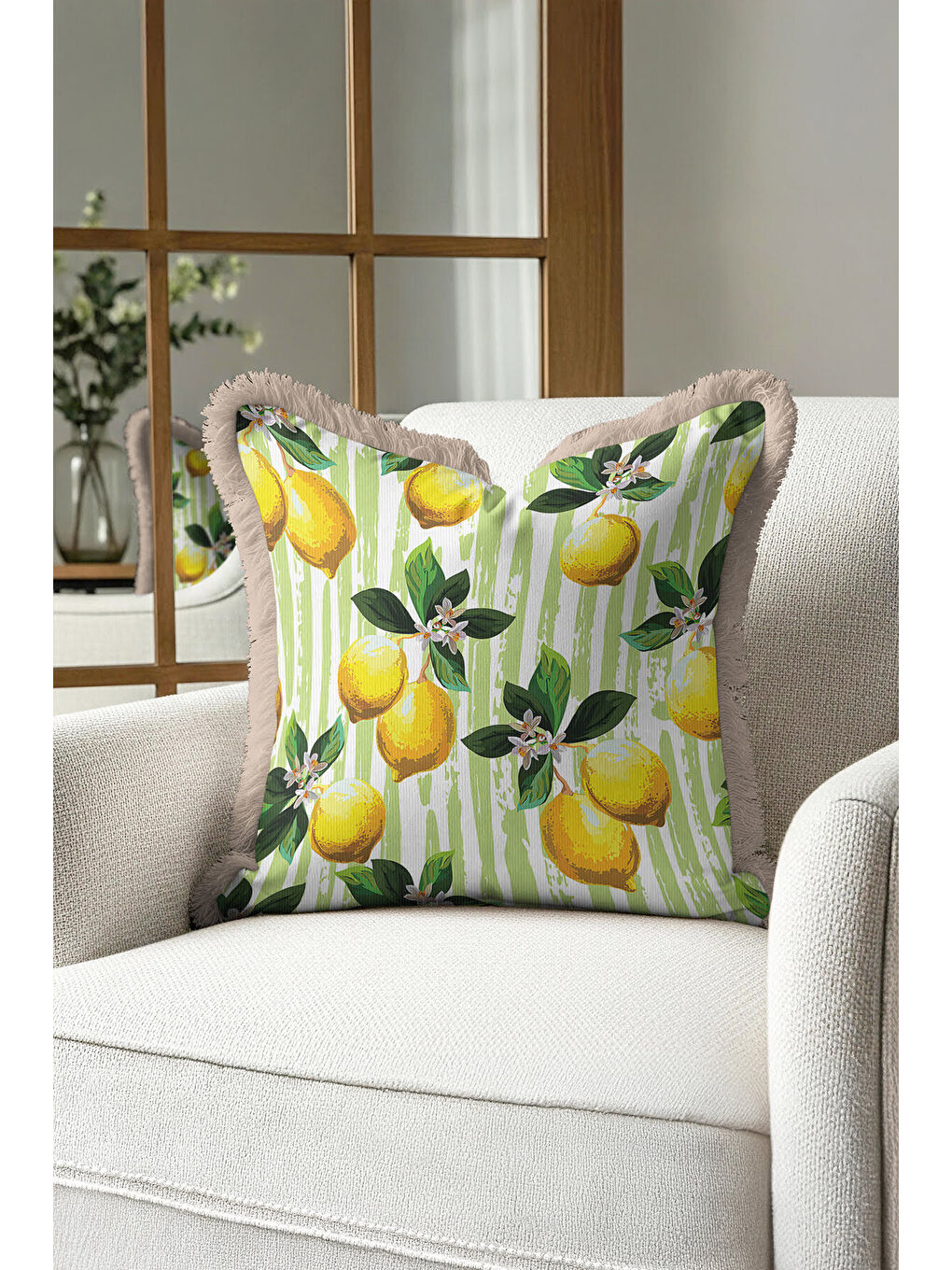 Karışık Limon Bahçesi Saçaklı Yastık Kılıfı - Akdeniz Retro Yeşil Sarı Püsküllü Kırlent Kılıfı