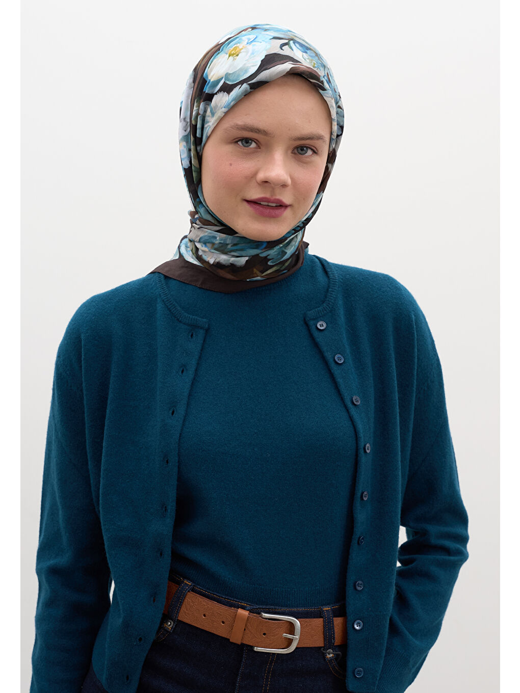 Kahverengi Lotus Desen Pamuklu Viskon Eşarp Acı Kahve