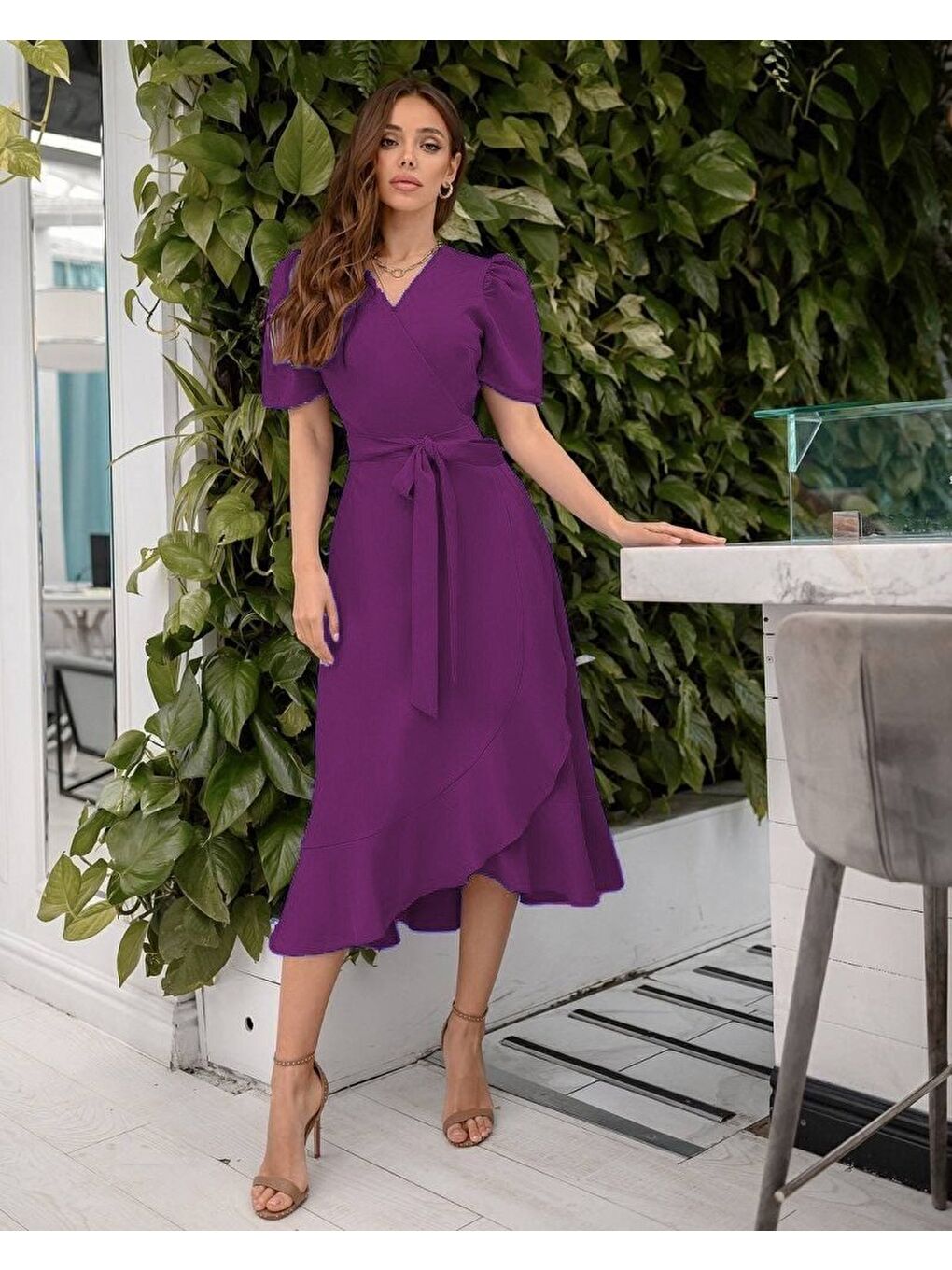 Mürdüm Kadın Kruvaze Yaka Midi Boy Kuşaklı Krep Elbise 120 Cm-3