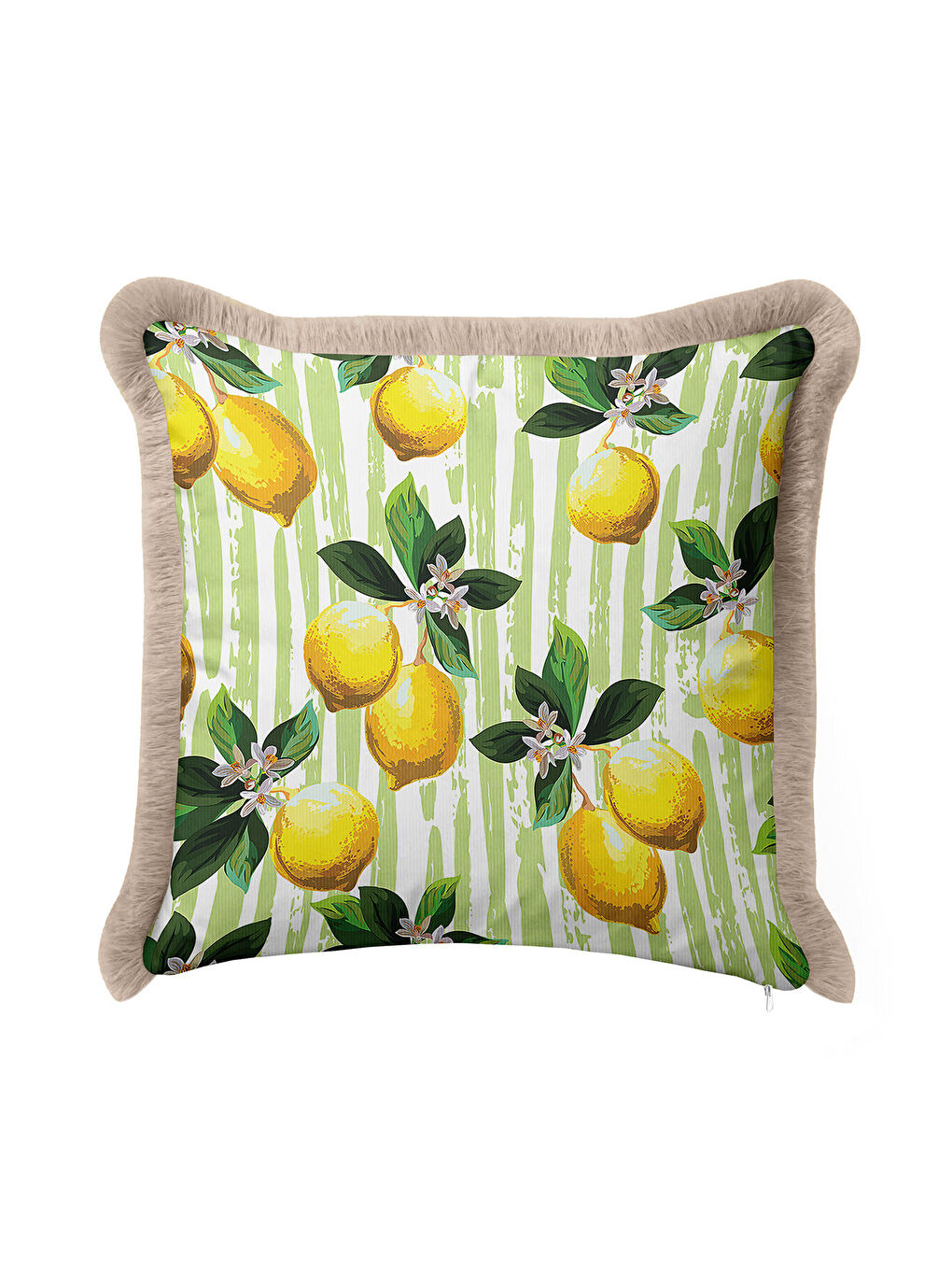 Karışık Limon Bahçesi Saçaklı Yastık Kılıfı - Akdeniz Retro Yeşil Sarı Püsküllü Kırlent Kılıfı-1