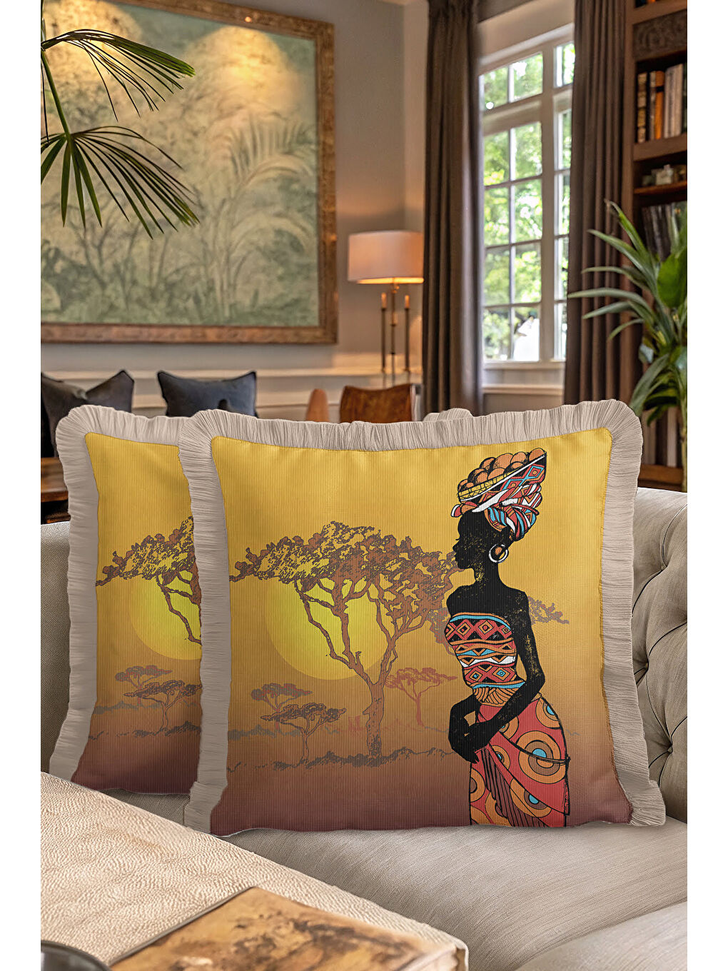 Karışık Afrika Esintili Saçaklı Yastık Kılıfı - Etnik Sanat Bohem Sıcak Sarı Püsküllü Kırlent Kılıfı-7