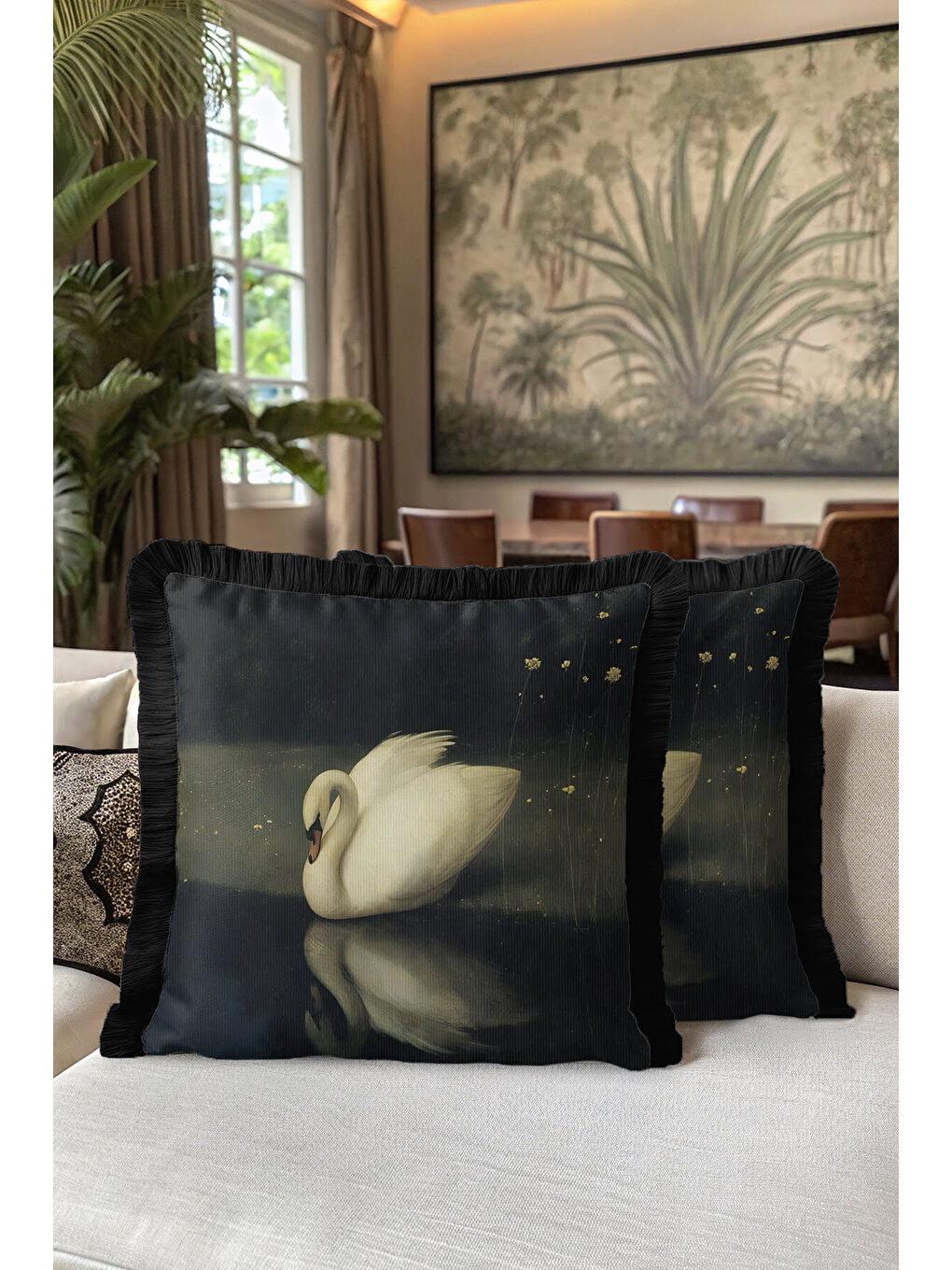 Karışık Zarif Kuğu Figürlü Saçaklı Yastık Kılıfı - Yansımalar Klasik Siyah Püsküllü Kırlent Kılıfı-5