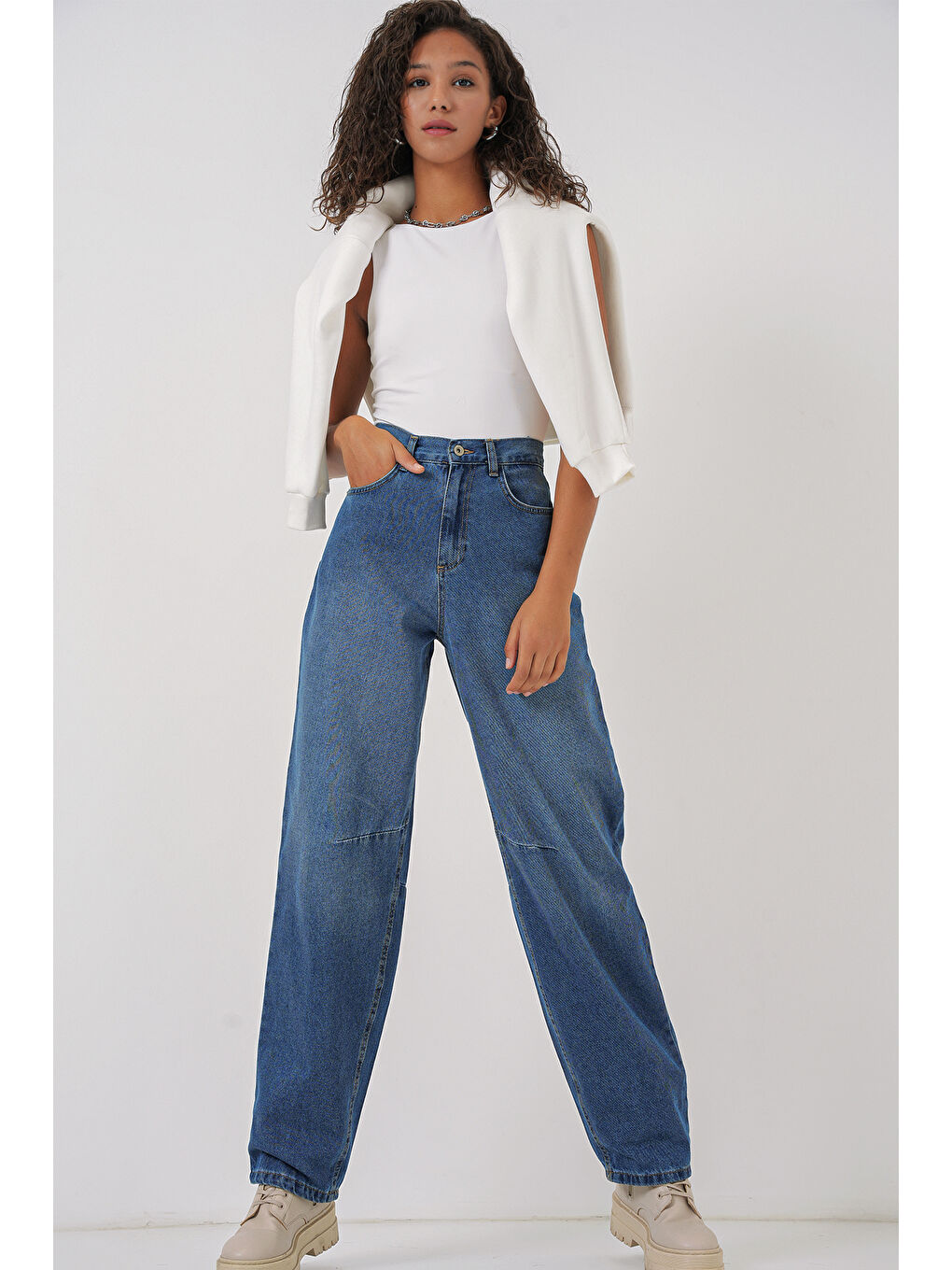 6689 Kadın Yüksek Bel Baggy Jean Pantolon   Lacivert