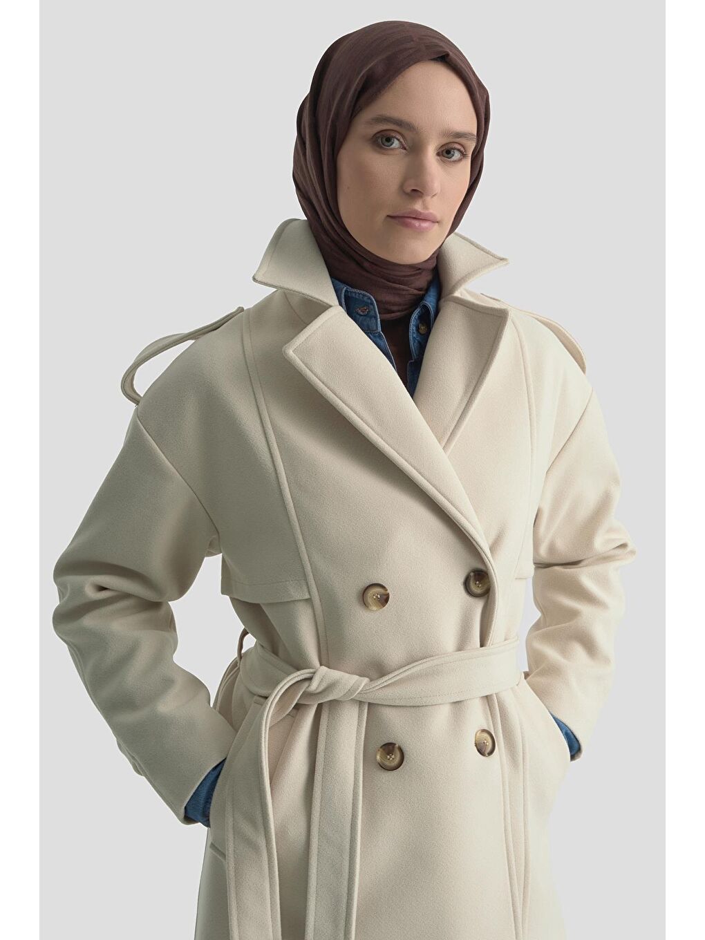 Aller Detaylı Düğmeli Manto 25Kt1729 Bej