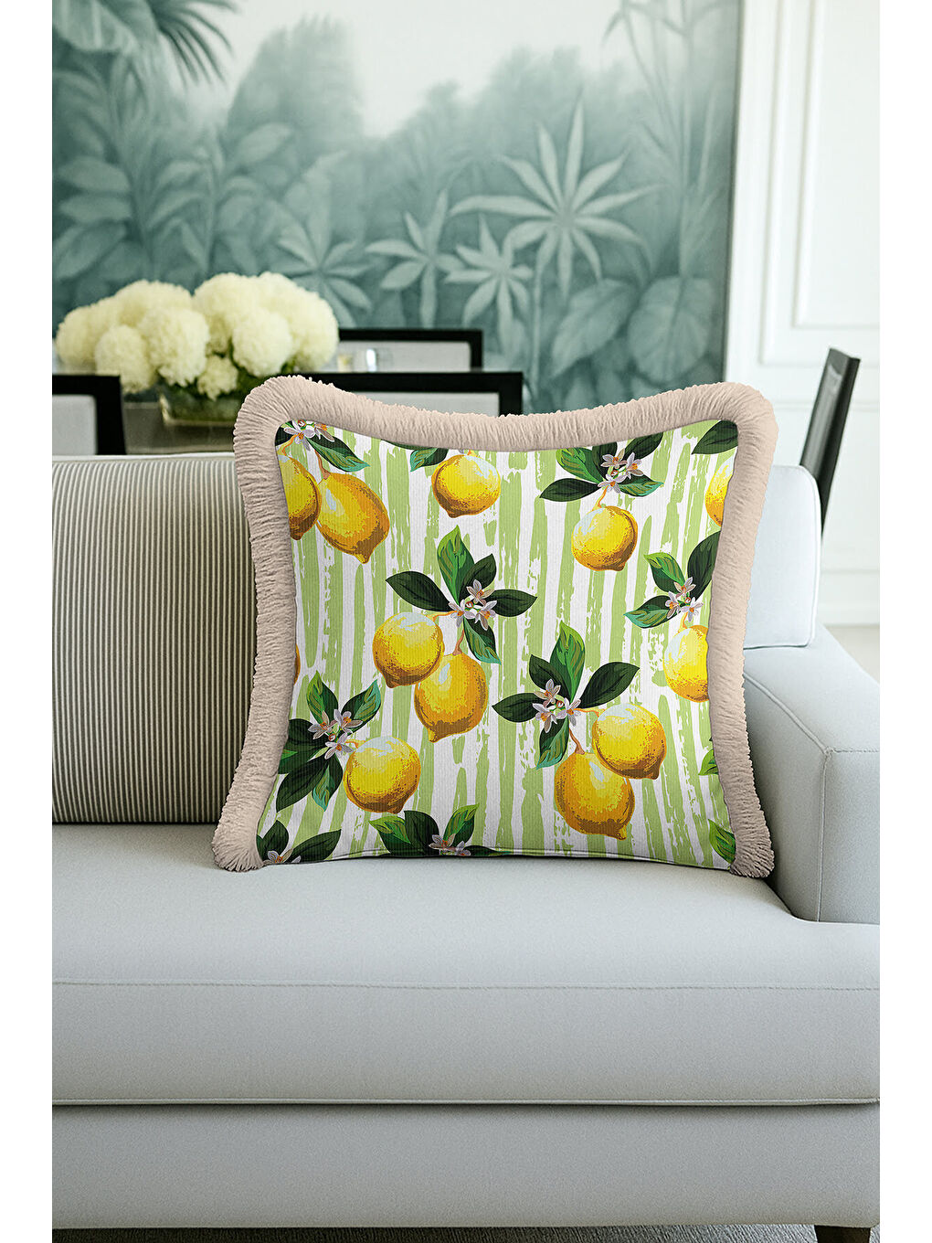 Karışık Limon Bahçesi Saçaklı Yastık Kılıfı - Akdeniz Retro Yeşil Sarı Püsküllü Kırlent Kılıfı-2