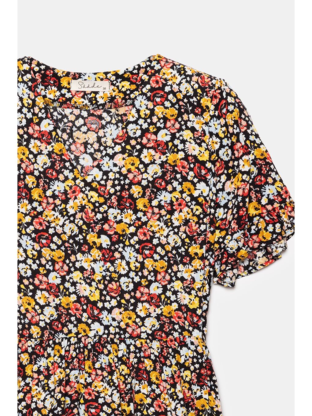 Karışık Çok Renkli Çiçek Desenli V Yaka Kısa Kol A Kesim Mini Dokuma Elbise - Viskon-1