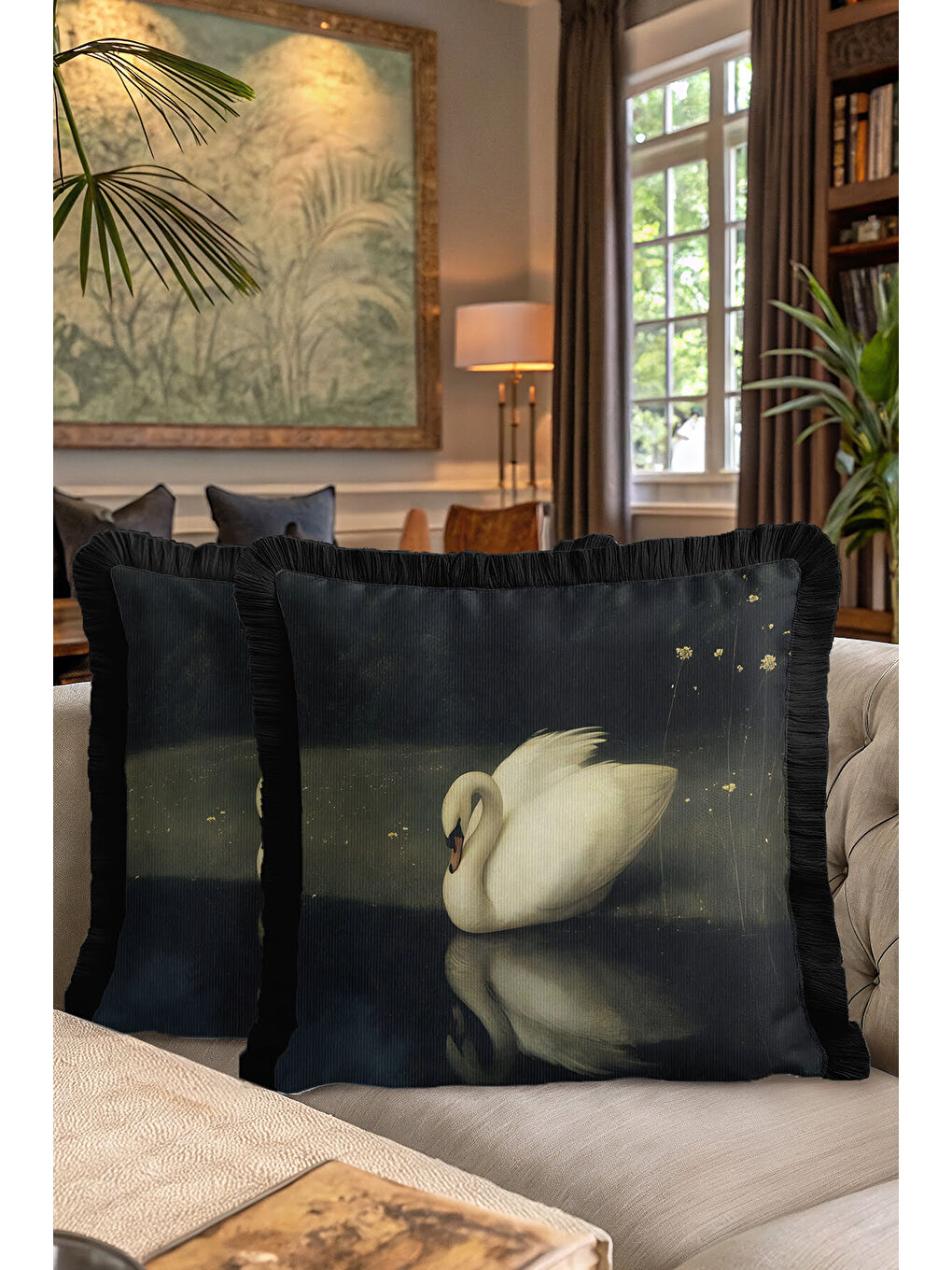 Karışık Zarif Kuğu Figürlü Saçaklı Yastık Kılıfı - Yansımalar Klasik Siyah Püsküllü Kırlent Kılıfı-7