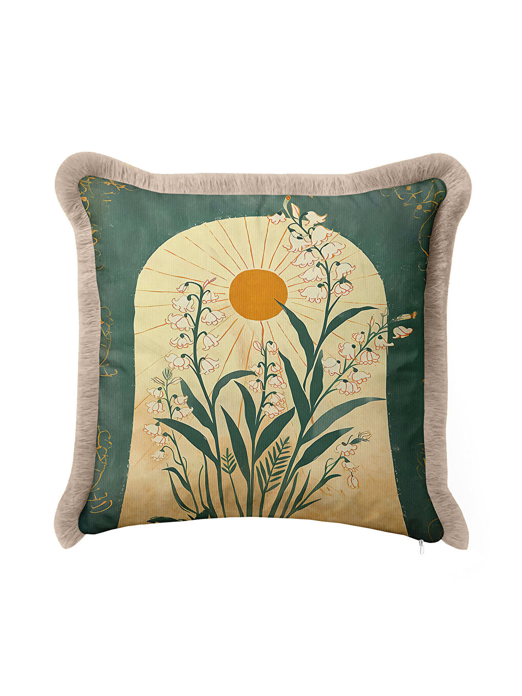 Karışık Vintage Güneş Doğası Saçaklı Yastık Kılıfı - Botanik Bohem Yeşil Sarı Püsküllü Kırlent Kılıfı