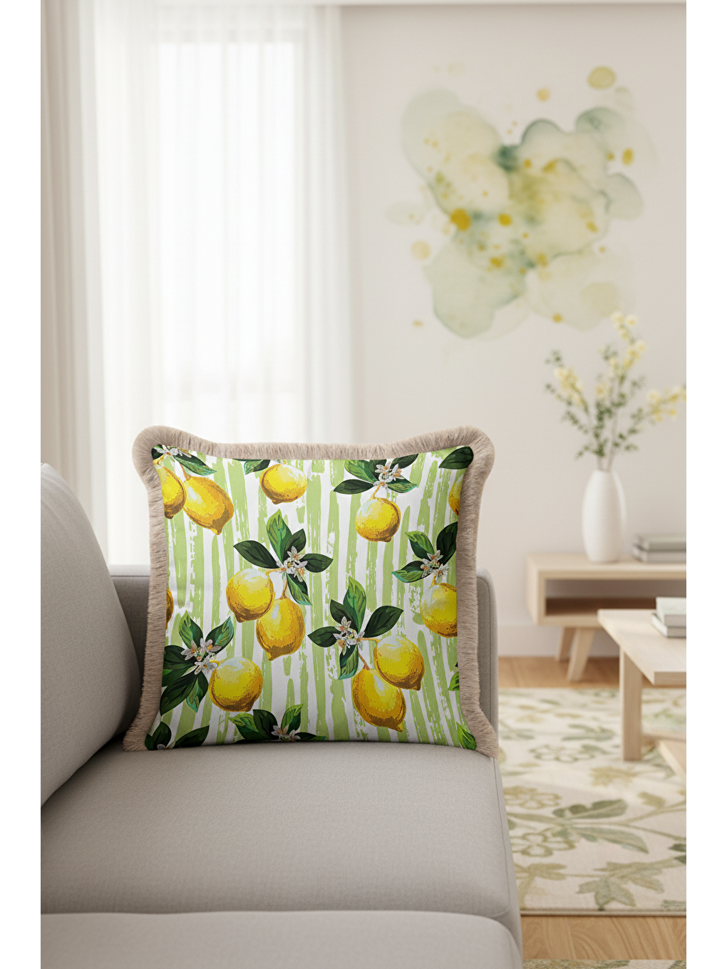 Karışık Limon Bahçesi Saçaklı Yastık Kılıfı - Akdeniz Retro Yeşil Sarı Püsküllü Kırlent Kılıfı-3