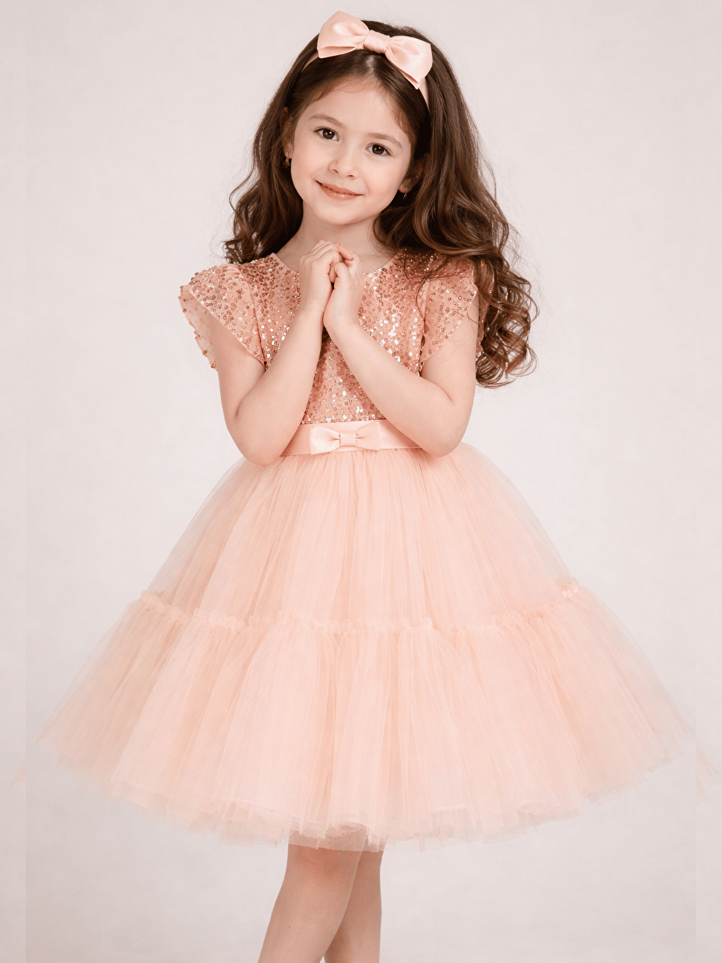 Pembe Pullu Tül Etekli Kız Çocuk Abiye Elbise ve Tacı-1