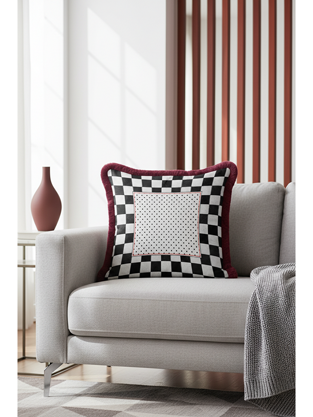 Karışık Luxury Kareli Saçaklı Yastık Kılıfı - Retro Doku Siyah Beyaz Bordo Püsküllü Kırlent Kılıfı-4