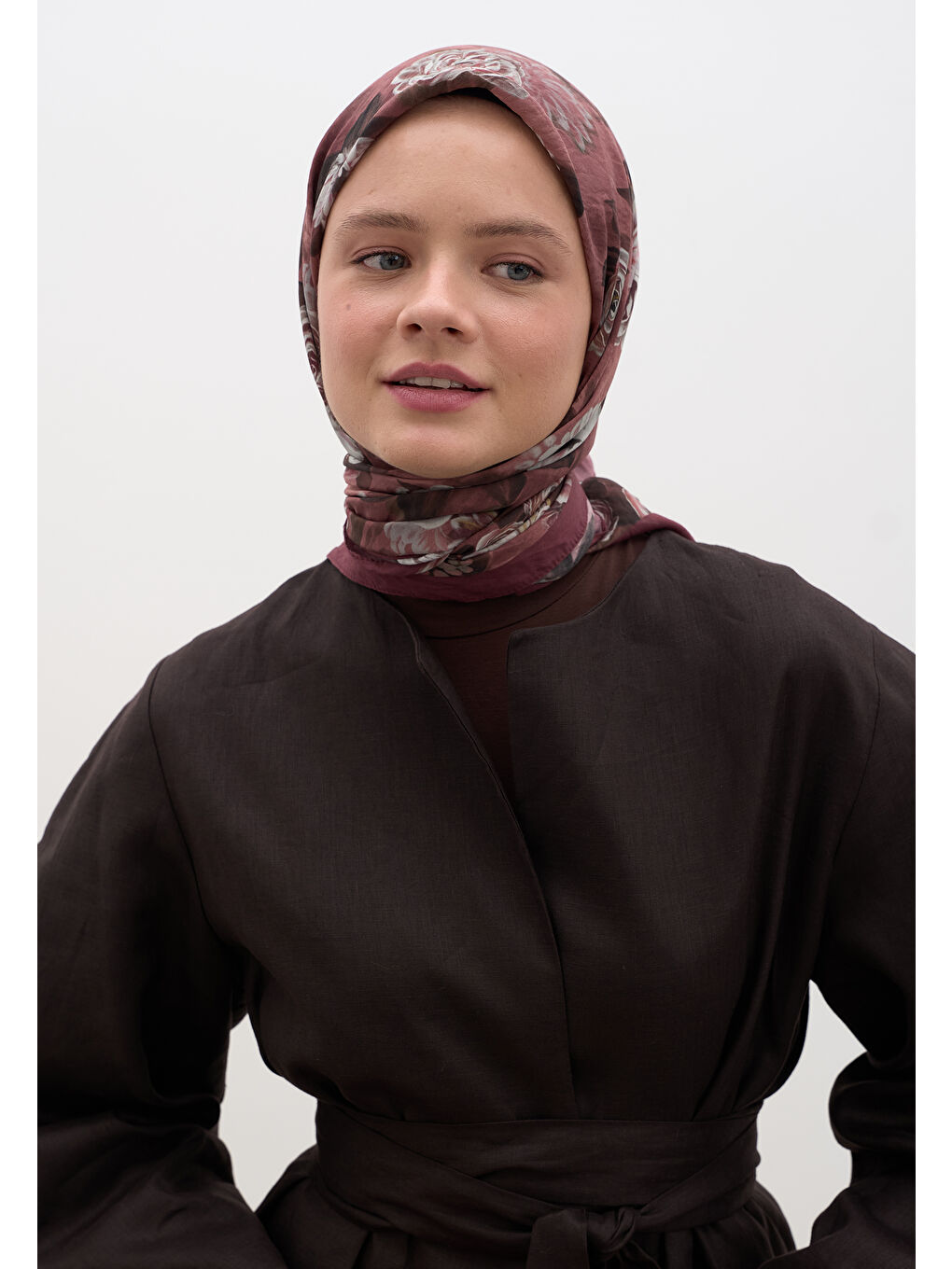 Magnolıa Desen Pamuklu Viskon Eşarp Bordo-1