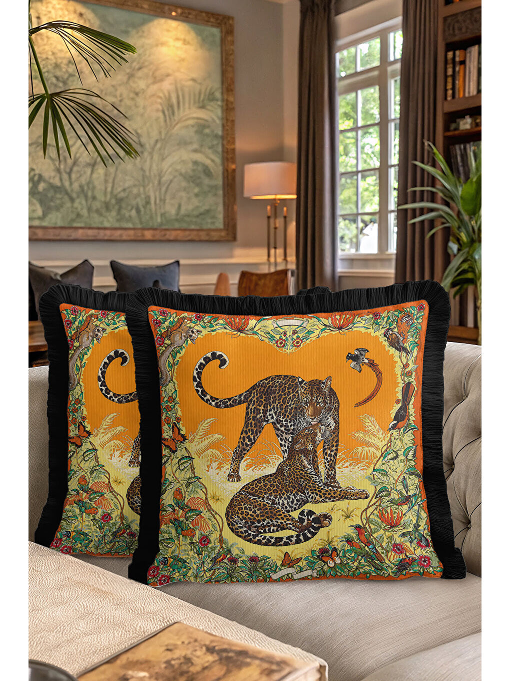 Karışık Egzotik Leopar Vahşi Doğa Saçaklı Yastık Kılıfı - Tropik Bohem Turuncu Siyah Püsküllü Kırlent Kılıfı-7