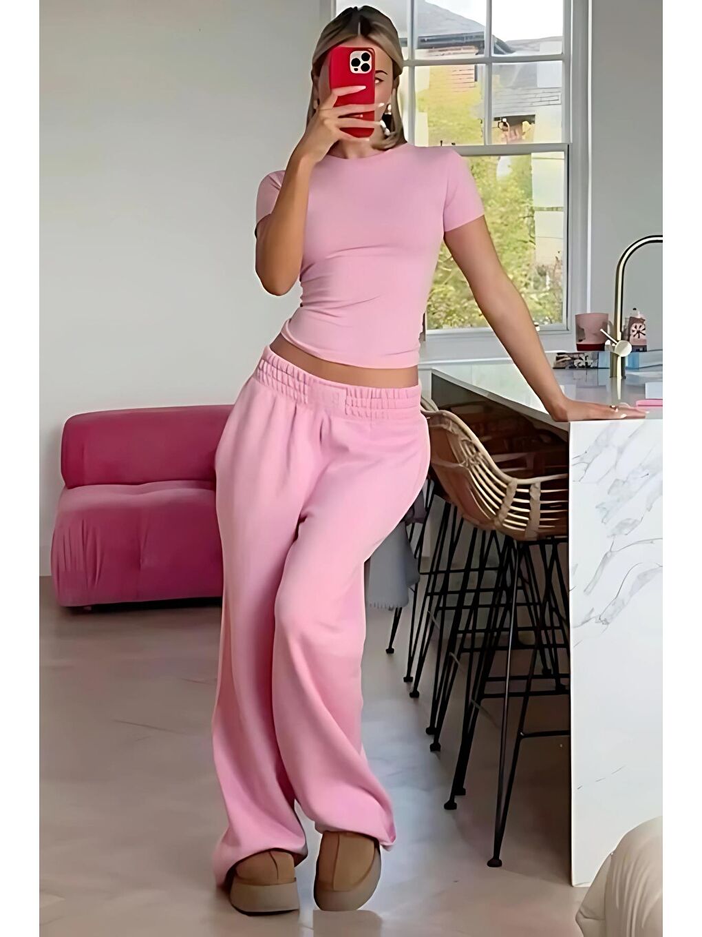 Pembe Bisiklet Yaka Basic Kadın Tişört Mg1725