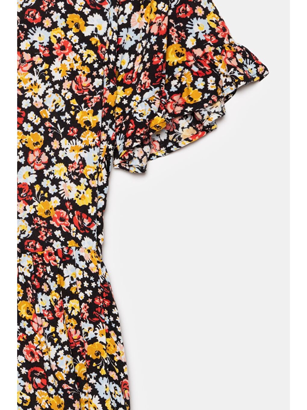 Karışık Çok Renkli Çiçek Desenli V Yaka Kısa Kol A Kesim Mini Dokuma Elbise - Viskon-2