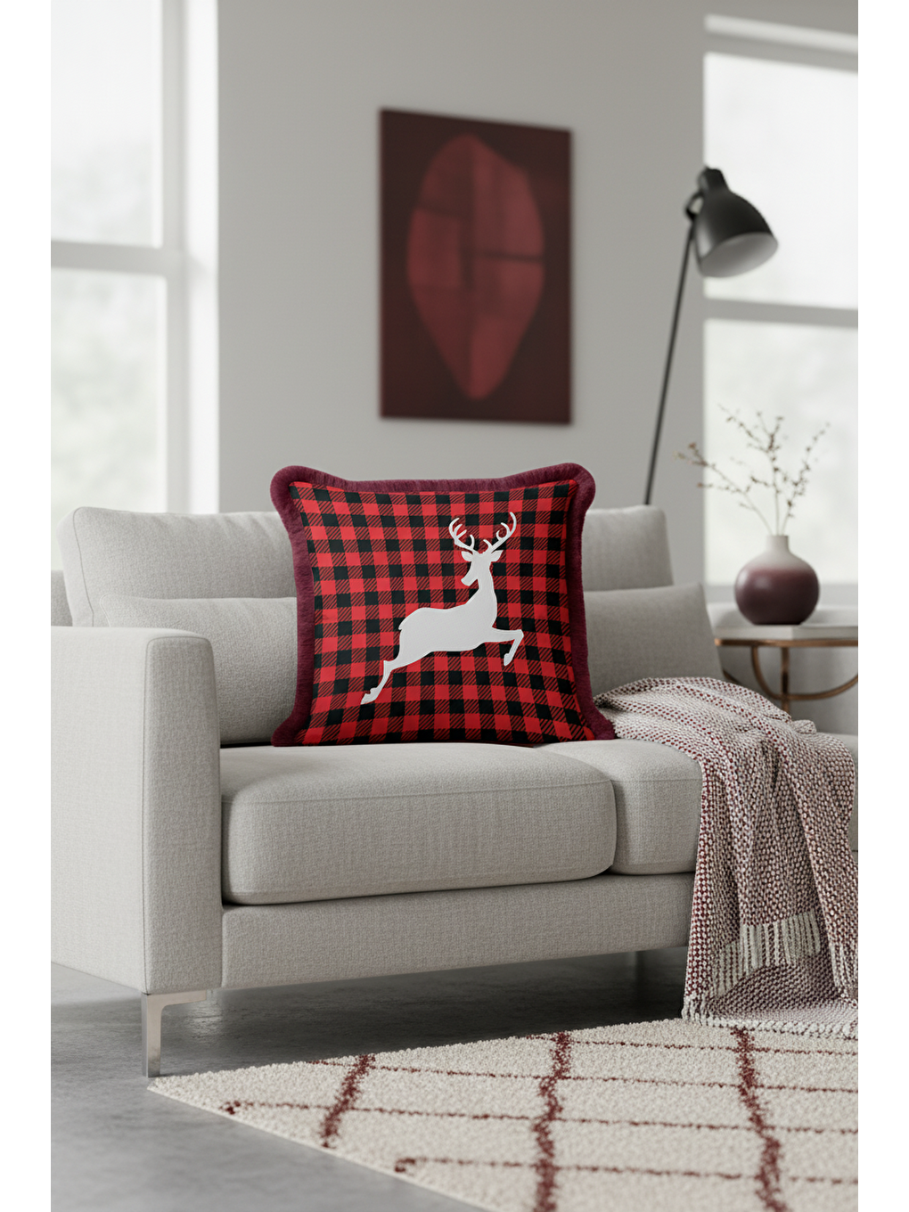 Karışık Kış Şıklığı Kareli Saçaklı Yastık Kılıfı - Geyik Figürlü Rustik Kırmızı Püsküllü Kırlent Kılıfı-3